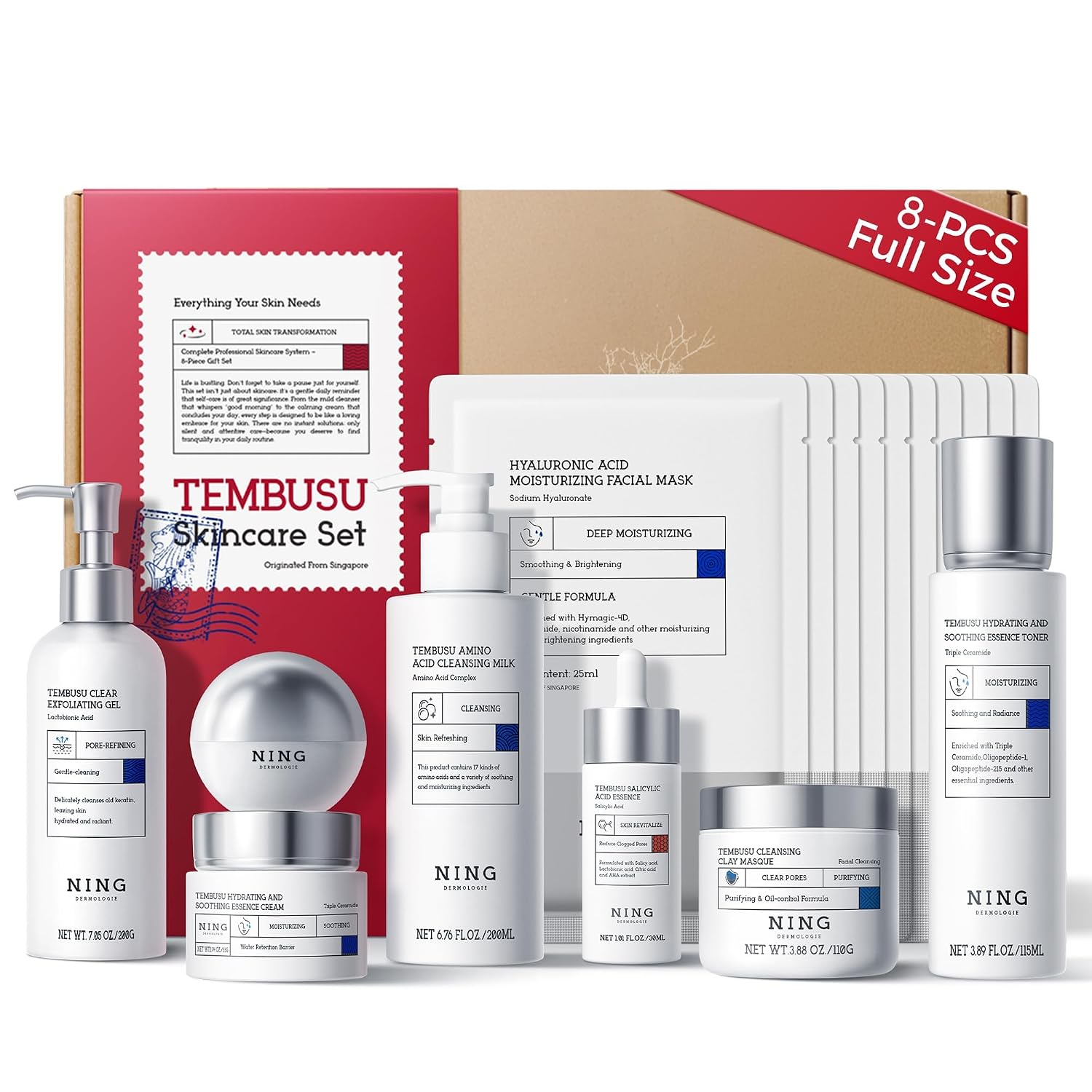 NING DERMOLOGIE Korean Skin Care Set Anti Aging: 8-Step Tembusu Essence Skincare Gift Set for Women – Complete Facial Care Kit for Cleansing, Exfoliating, Masking & Moisturizing
