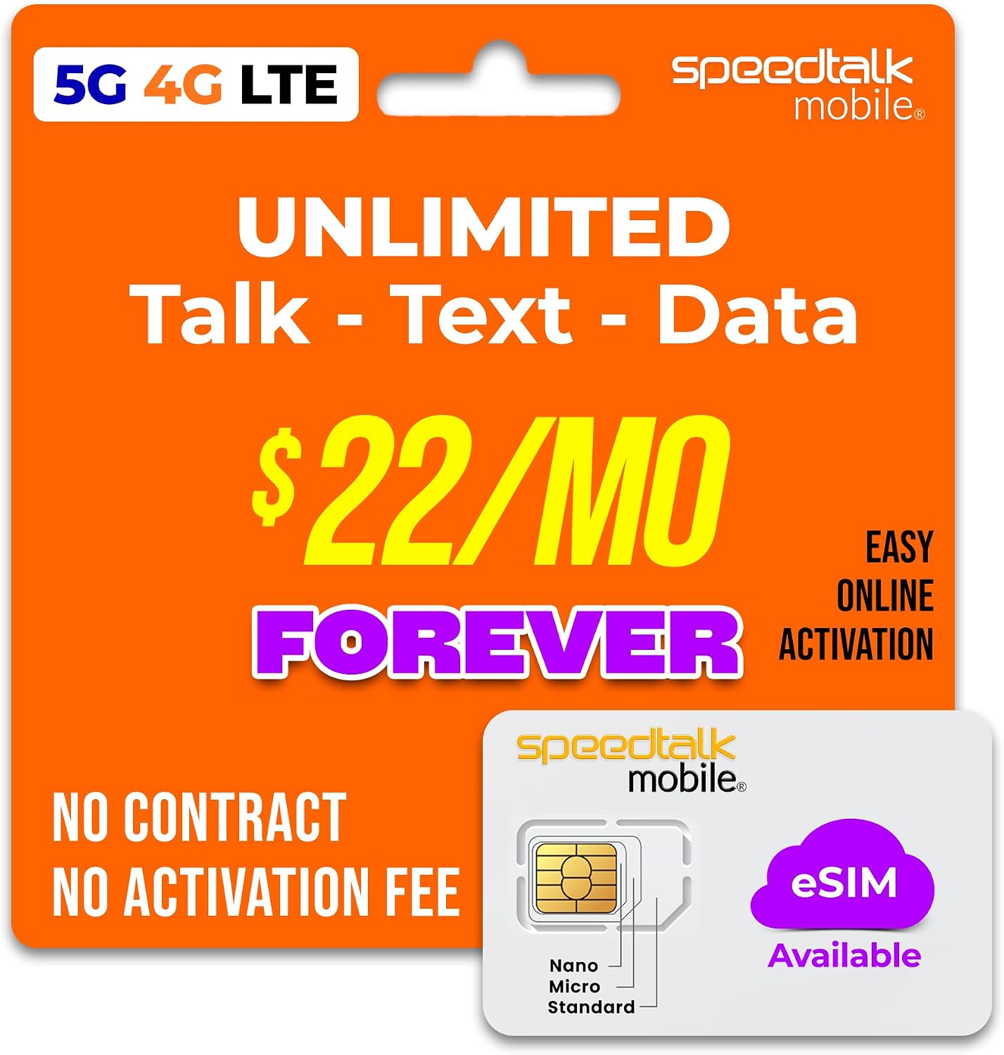 SpeedTalk Mobile Pre-Paid eSIM and SIM Card Starter Kit – No Contract Wireless $22mo Talk Text Data Unlimited Plans – Cellphone 5G 4G LTE Apple iPhone, Android Smart Phones
