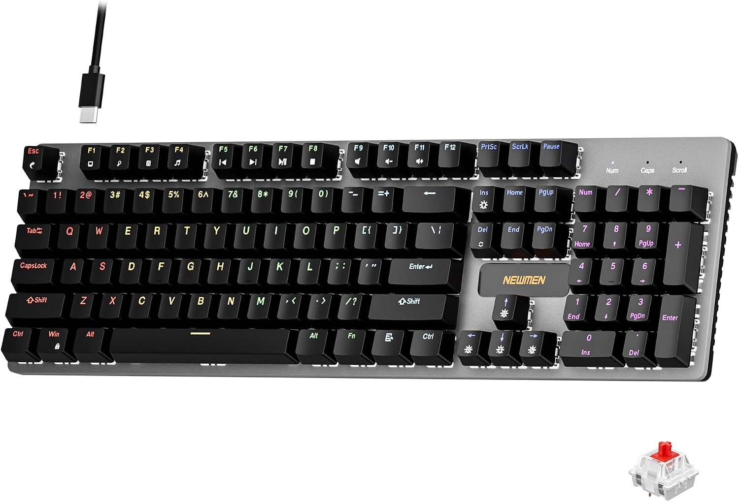 Newmen GM325Pro Mechanical Keyboard,104 Keys Rainbow LED Backlit Wired Gaming Keyboards,Hot-Swap Metal Panel ABS Black Keycaps Gaming Mechanical Keyboard for Windows Laptop PC Linear Red Switches