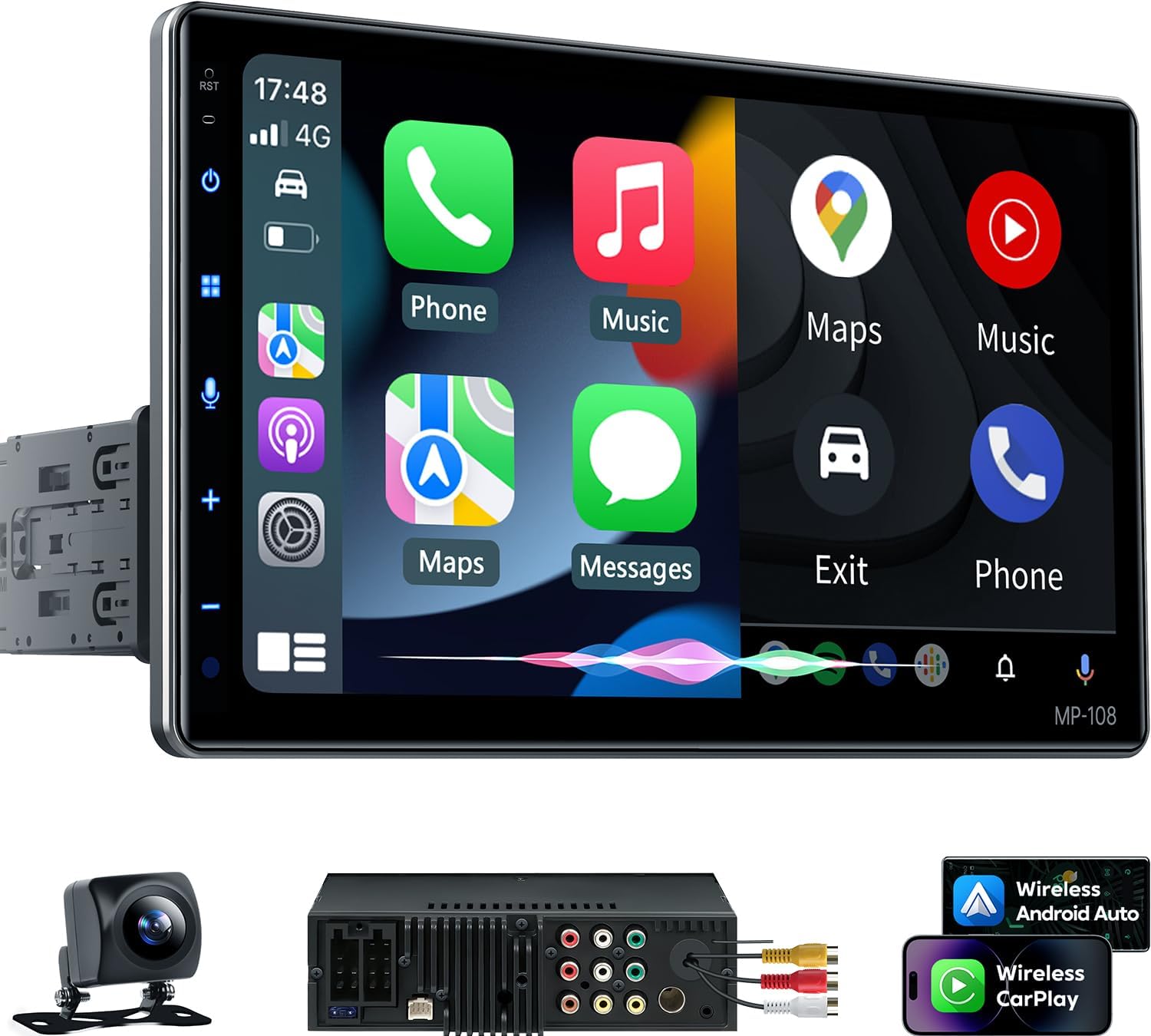 PLZ 10.1″ Wireless Single Din Car Radio Stereo with Apple Carplay Android Auto Touch Screen, Car Play Audio Receivers Headunit, Bluetooth 5.3, Backup Camera, 240W, 2 Subwoofers, Navigation, FM/AM, SWC