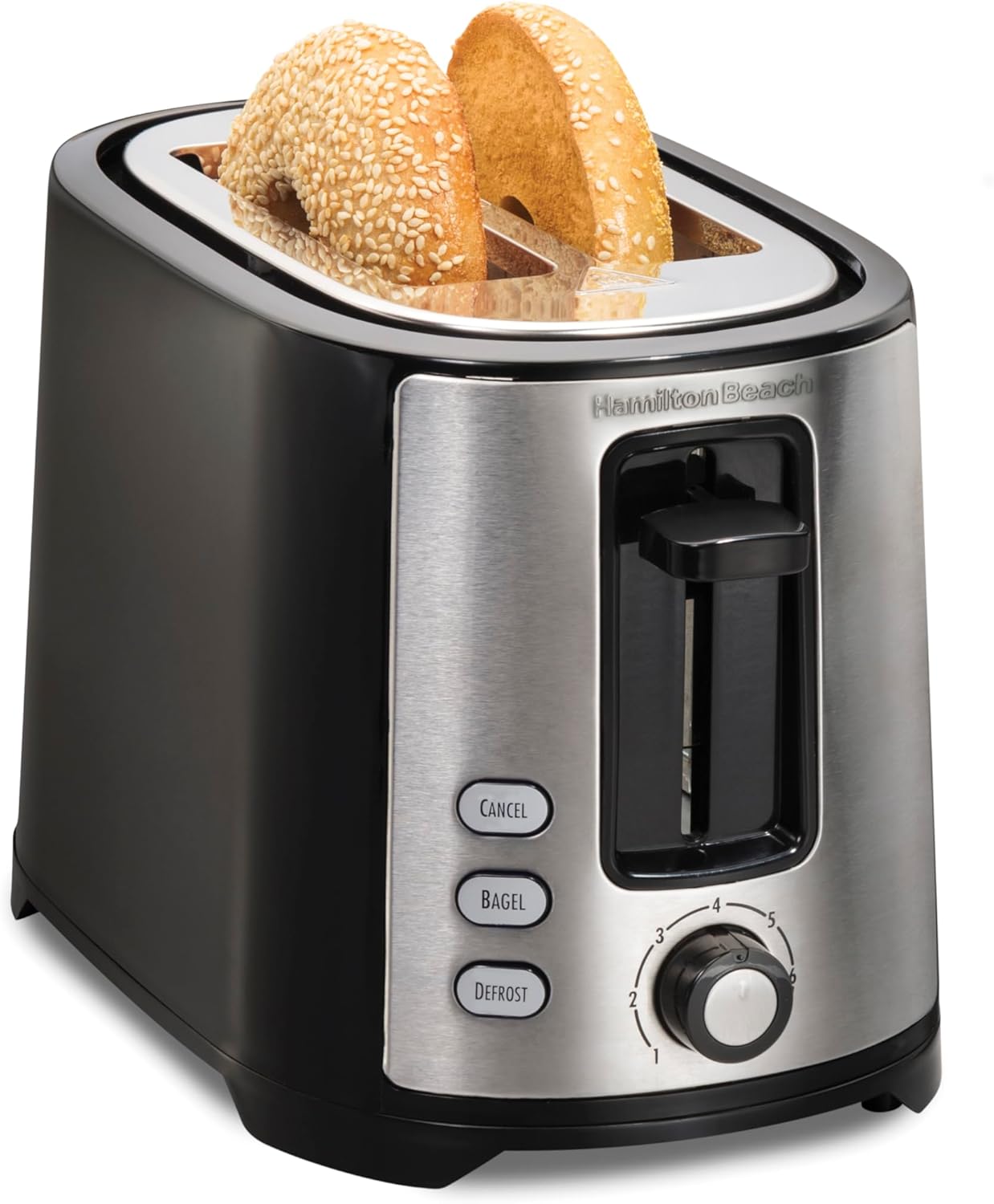 Hamilton Beach Extra-Wide Slot 2 Slice Toaster With Bagel & Defrost Buttons | Browning Control With 7 Shades | Auto Shutoff | Toast Boost | Slide-Out Crumb Tray | Black & Stainless Steel | 22633G