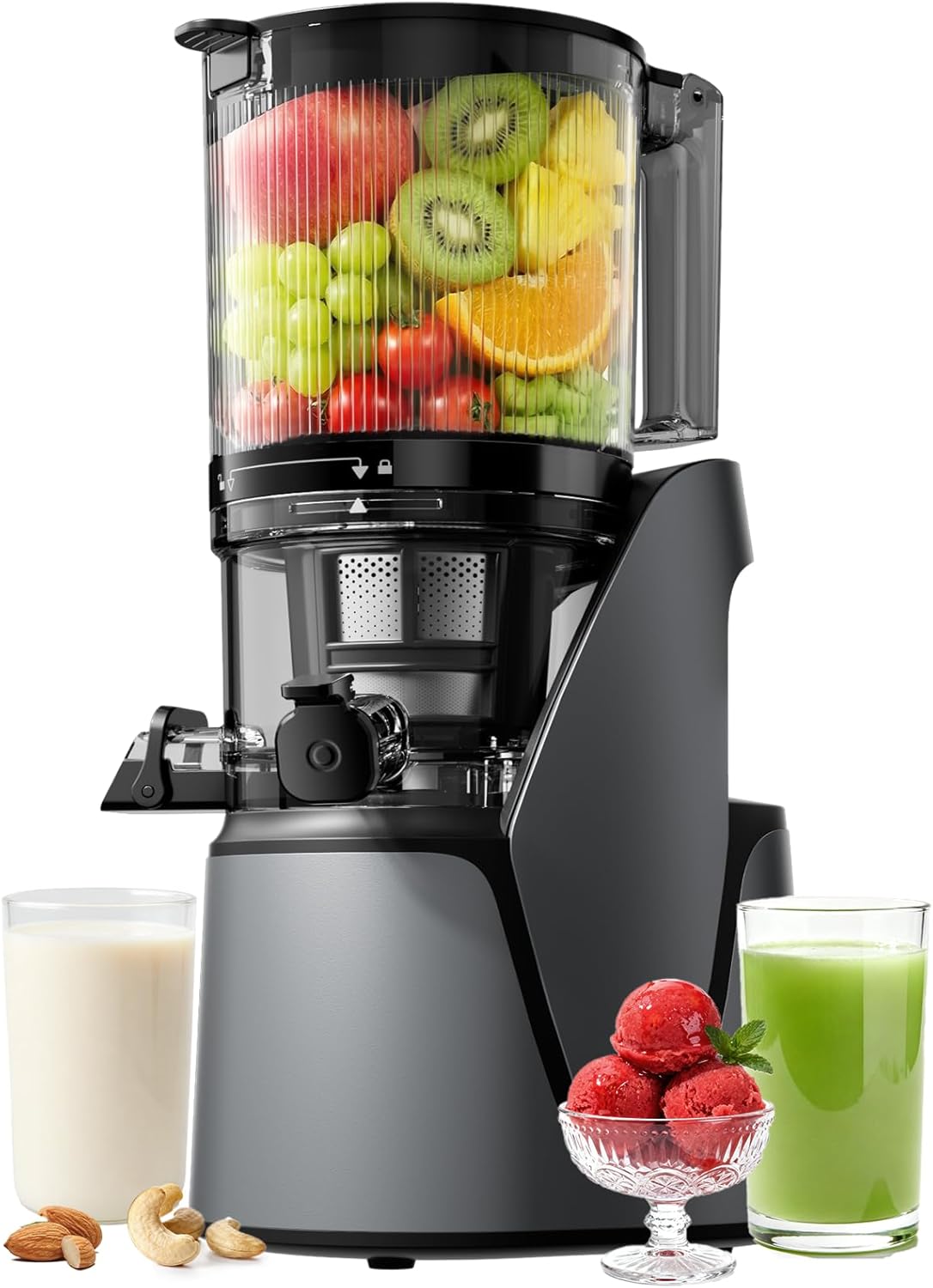 EanOruus Juicer Machines, 3-in-1 Cold Press Juicer with 6.5″ Extra Large Chute, 100oz Large Capacity, AC Motor, Makes Juice, Nut Milk & Sorbet, Premium Gray