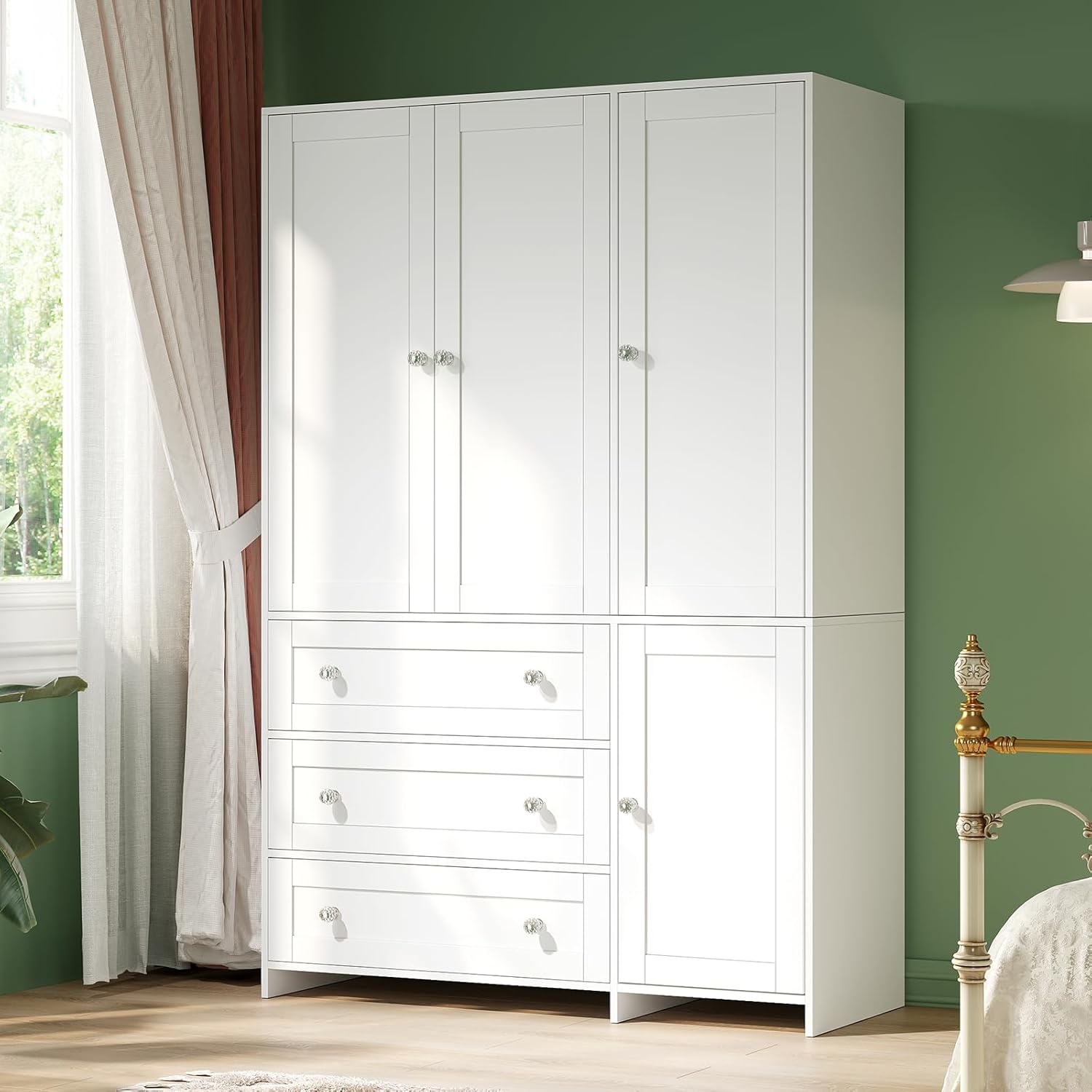 VOWNER Armoire Wardrobe Closet with Drawers and Mirror, 71″ Clothing Storage Cabinet with Hanging Rod, 4 Doors Wooden Wardrobe Cabinet for Bedroom, Large Capacity Storage