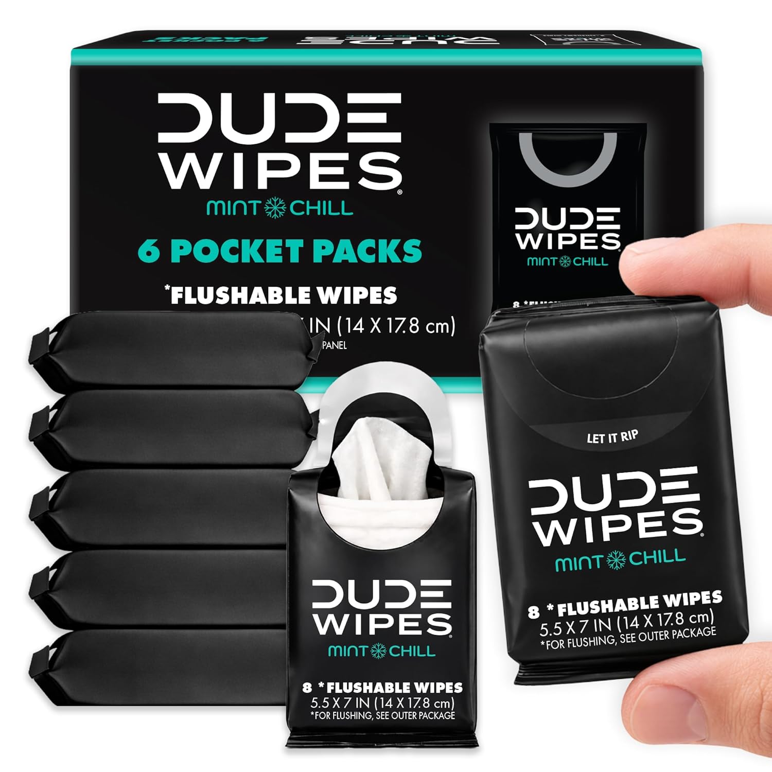 DUDE Wipes Mint Chill Pocket Packs – Travel Wipes – 6 Packs of 8 (48 Count) – On-The-Go Adult Flushable Wipes – Infused with Tea Tree Oil, Vitamin E, and Aloe – Septic and Sewer Safe
