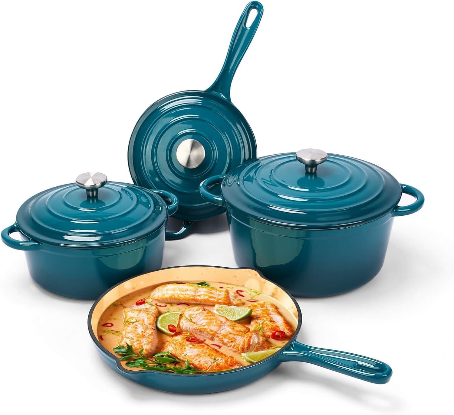 Hisencn Enameled Cast Iron Cookware Set – 7 Piece Set of Dutch Ovens, Sauce Pan, Skillet, 3 Lids, Dutch Oven Set, Ceramic Coated Cast Iron, Heavy Duty, Gas/Induction Compatible (Teal)