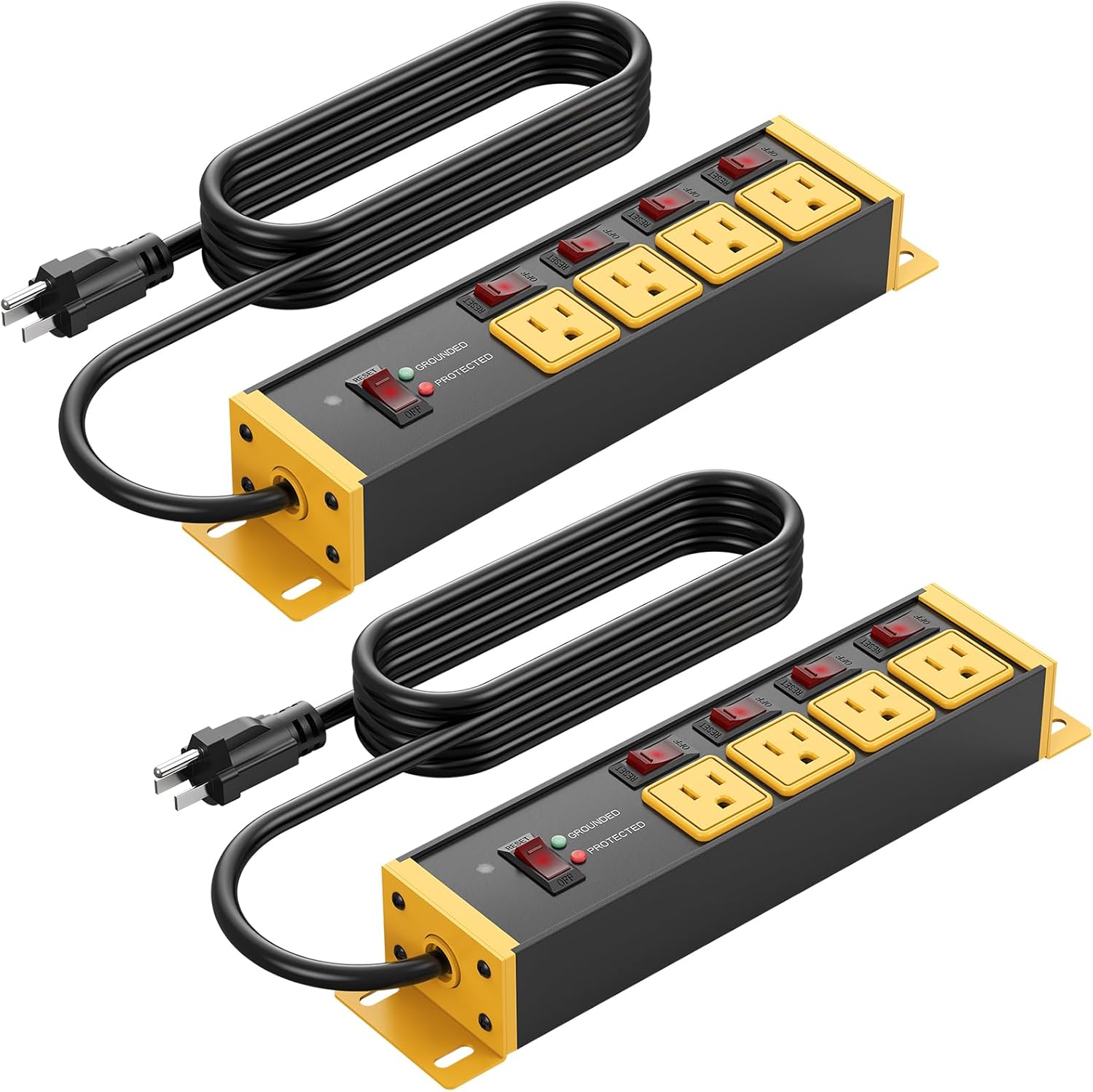 CCCEI 2PCS Heavy Duty Power Strip Surge Protector 20 AMP Individual Switches. 12 Gauge Extension Cord with Multiple Outlets. Garage, Shop, Industrial Wall Mount Electric Extender. 4FT, Yellow.