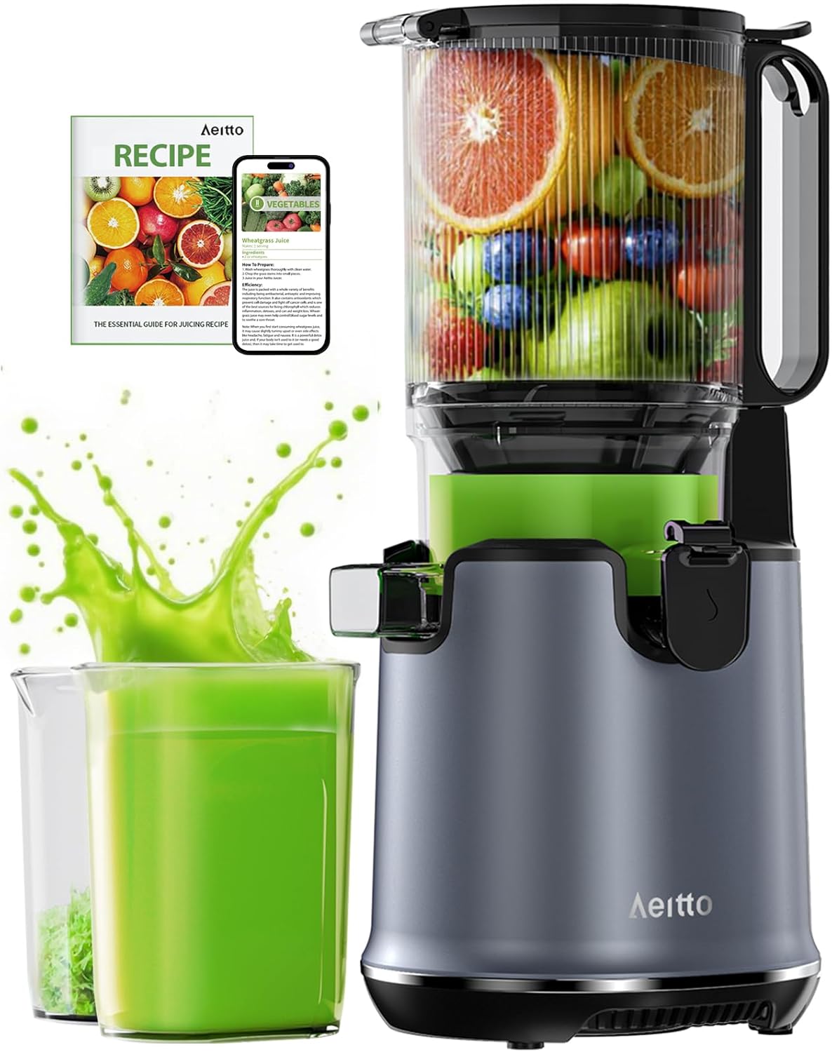 Aeitto Juicer Machines – 5.3″ Large Mouth Feed Chute For Fruits & Vegetables – Cold Press Juicer With Self Feeding & Hands-Free Design – Juice Extractor Machine High Juice Yield, Easy to Clean