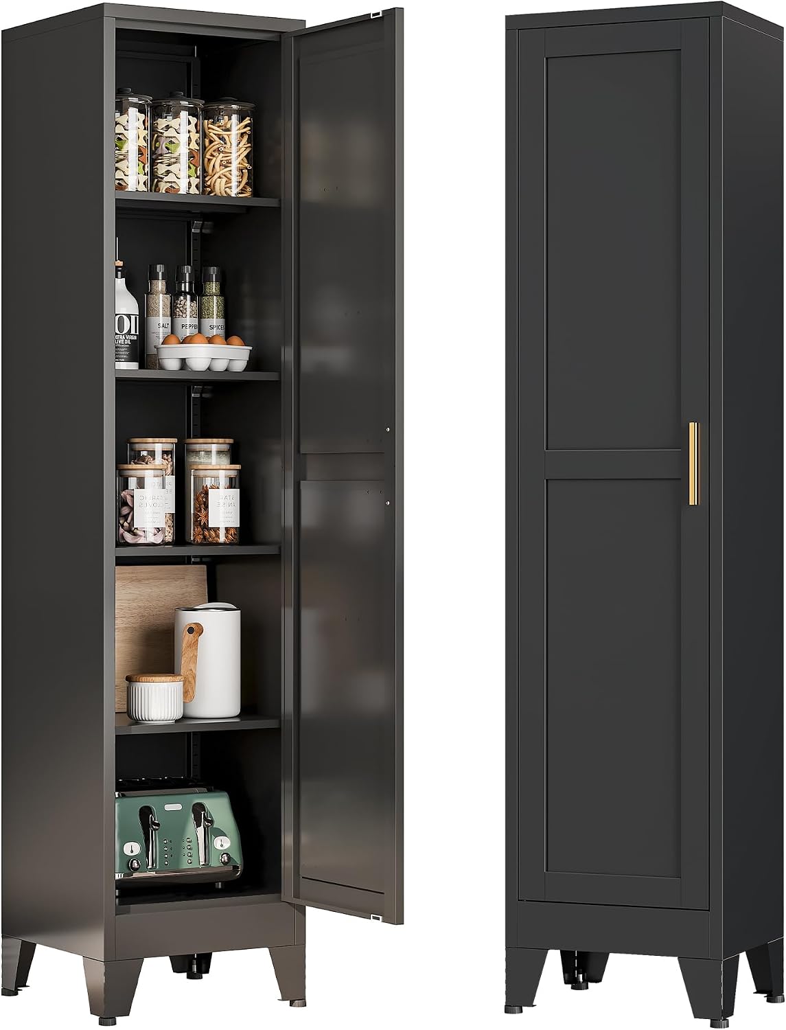 Bevivog Tall Narrow Storage Cabinet, 67″ Single Door Metal Storage Locker Cabinet, Freestanding Tall Kitchen Pantry Cabinets for Small Space