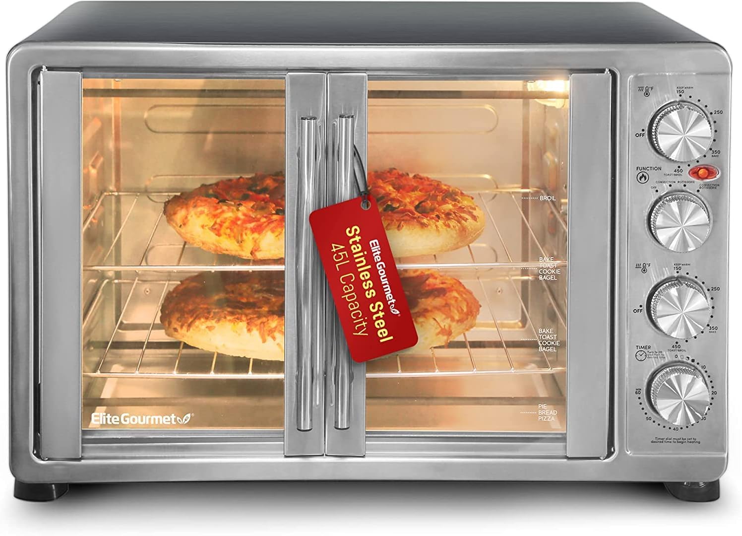 Elite Gourmet ETO4510MX French Door 47.5Qt, 18-Slice Convection Oven 4-Control Knobs, Bake Broil Toast Rotisserie Keep Warm, Includes 2 x 14″ Pizza Racks, Stainless Steel