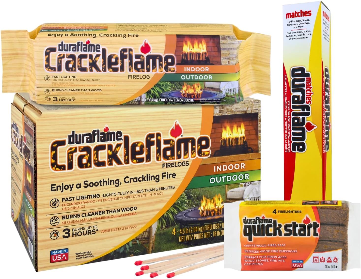 Duraflame Firelogs Bundle – Firelogs with Quickstart & Long Stick Matches – Easy-to-Light, Long-Lasting, Clean-Burning Indoor/Outdoor Logs (Crackleflame 4.5lb 3 Hour)