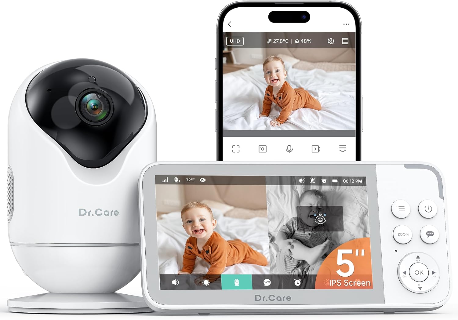 Dr.Care VistaView Smart WiFi Baby Monitor – 5” 1080P Split Screen & 2K Camera App Control, Cry & Motion Alerts, HD Night Vision, 5000mAh Battery, 2-Way Talk, Multi-User, Triple Security, 1279ft Range