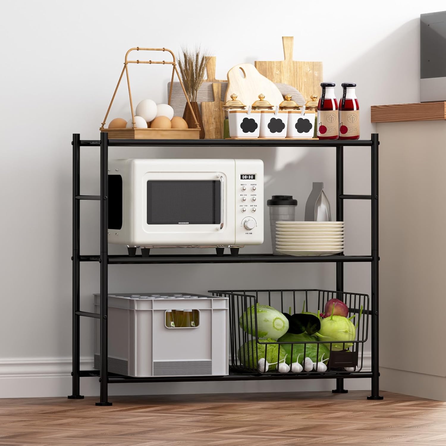 Sakugi Storage Shelves – 3 Tier Shelf Organizer, Heavy Duty Garage Shelving Unit with Leveling Feet, Stable Metal Shelves Organizer for Pantry, Kitchen and Closet, 33.0″ W x 12.6″ D x 30.4″ H, Black