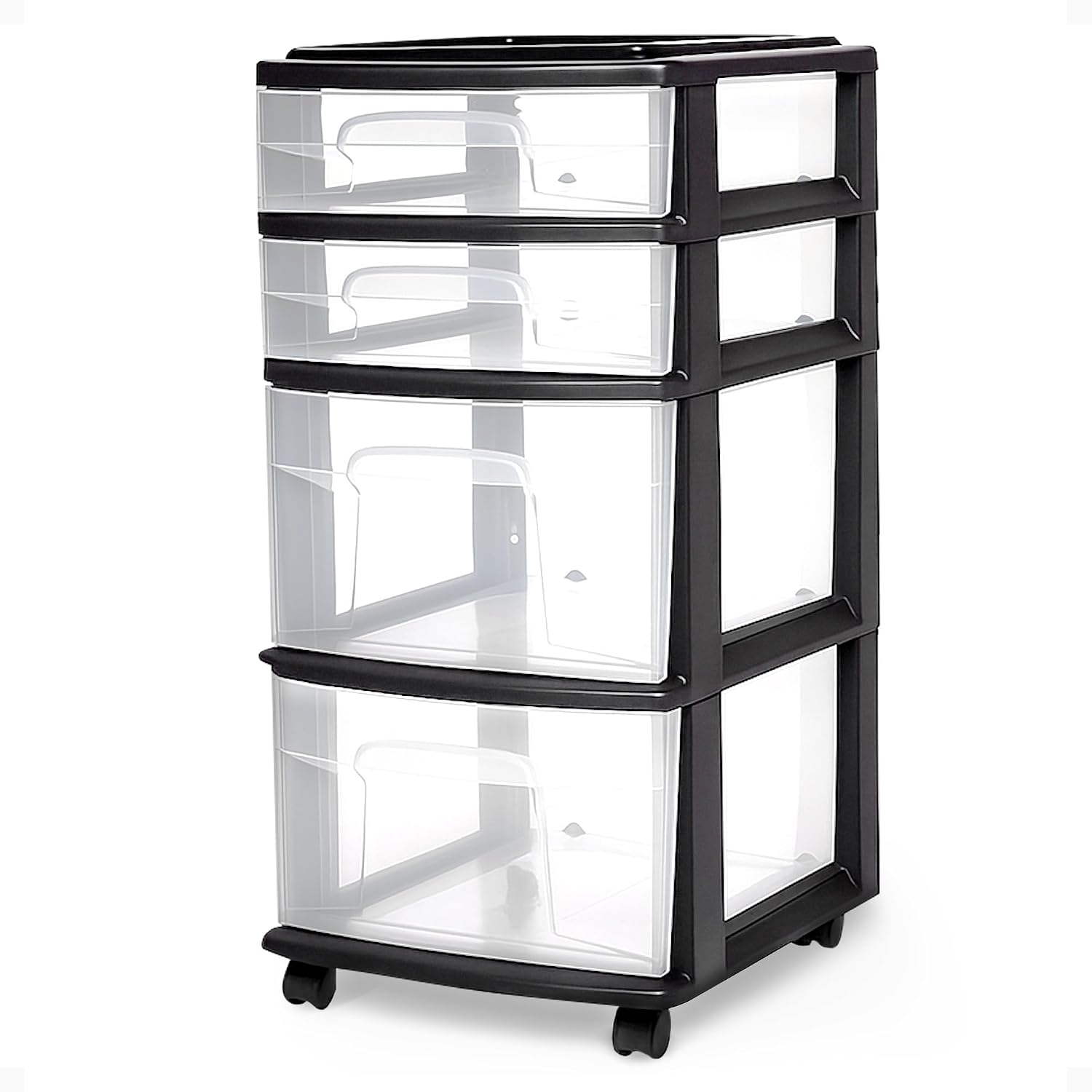 HOMZ Drawer Tower, 4-Tier Clear Plastic Storage Organizer Cart, Black Frame – Rolling Drawers with Wheels for Desk, Dresser, Cabinet, Bedroom, Bathroom, Closet, Classroom, and Office Organization