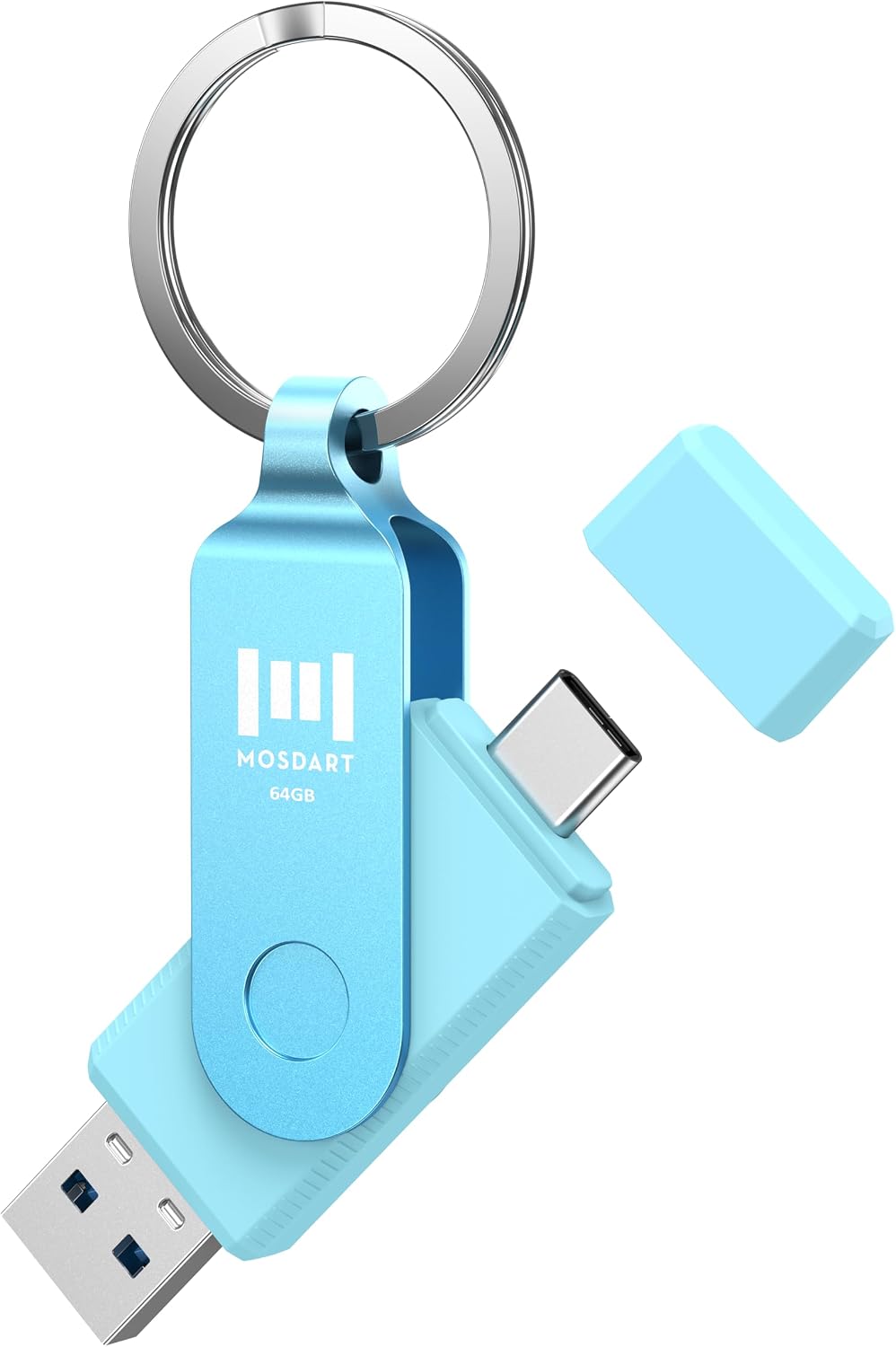 MOSDART 64GB USB C and A 3.2 150MB/s Dual Flash Drive with Keychain, Blue | Fits Android Phones, iPhone 15, 16, 17, Macbook, iPad, For Photos and Videos, USB-C Port Protection, Phone Case Friendly