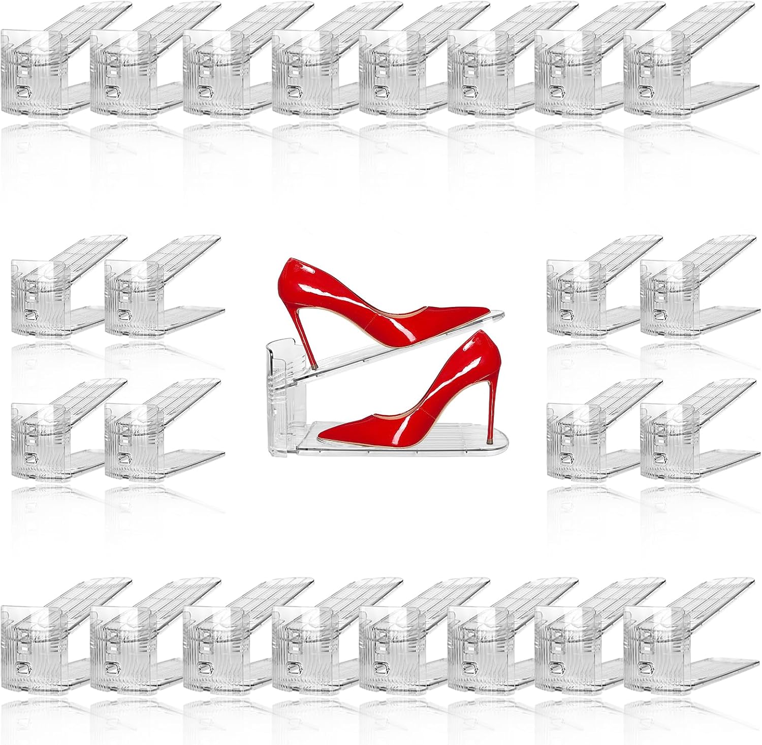 24 Pack Clear Shoe Slots Organizer – Adjustable Height 3.7”to 7.7” Shoe stackers for a pair of shoes ,Shoe rack storage shoe space saver 50%,Easy to assemble shoe hold shoe organizer for cloest