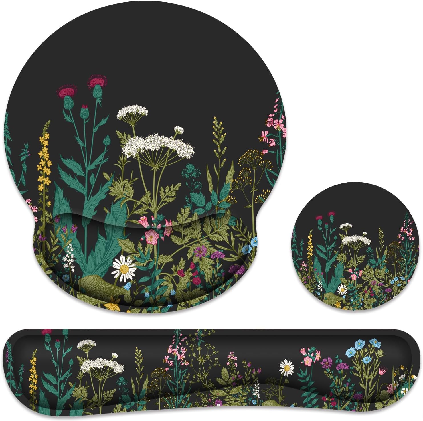 Ergonomic Mouse Pad with Wrist Rest and Keyboard Wrist Rest, Memory Foam Wrist Rest for Computer Keyboard, Easy Typing, Pain Relief, Mouse Pad Wrist Support for Gaming,Office, Laptop, Black Flower