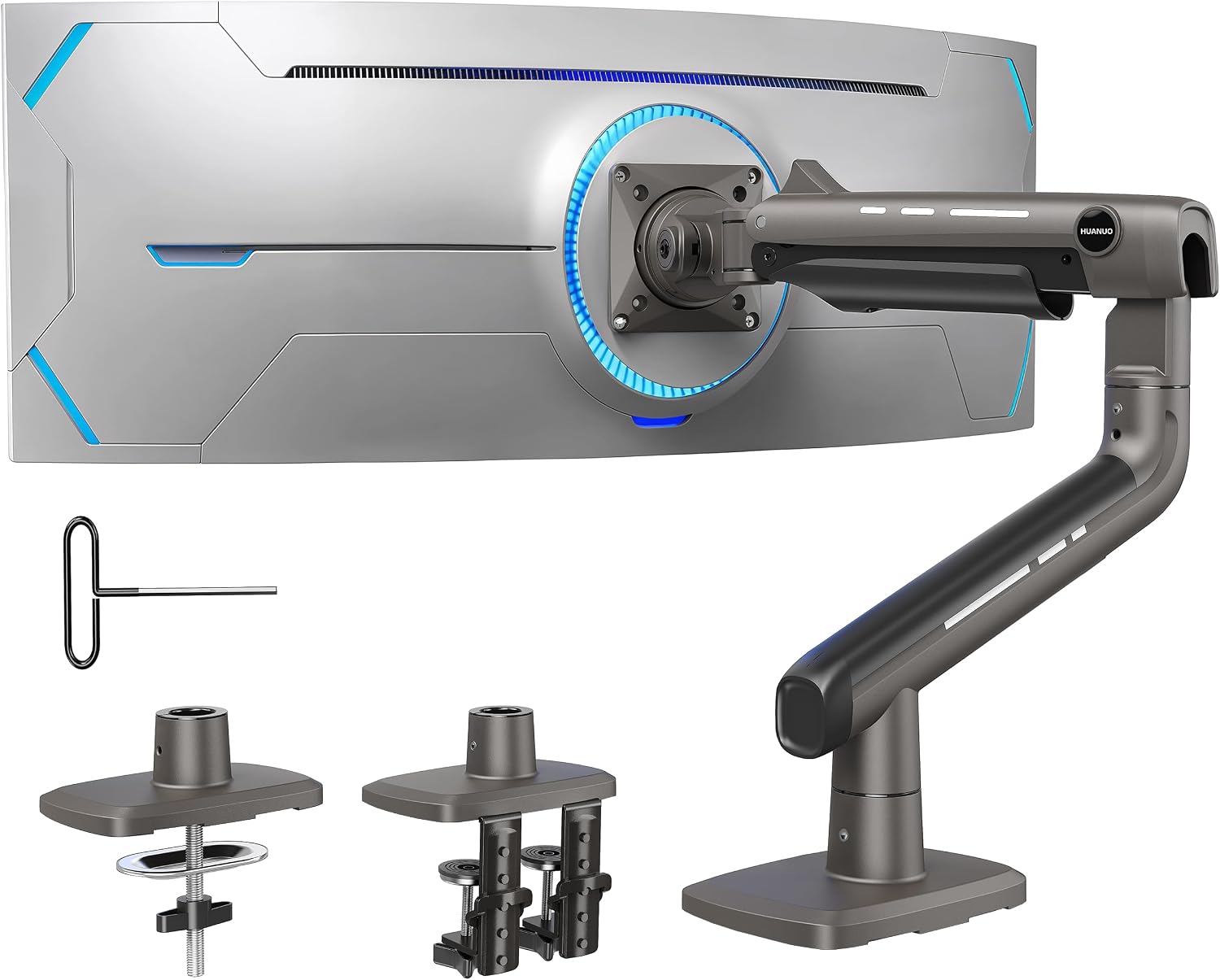 HUANUO TitanLift Heavy Duty Monitor Arm for Screens up to 49″, Holds 44 lbs, Aluminum Ultrawide Screen Monitor Mount, Fully Adjustable Single Gaming Desk Mount with Dual C-Clamp, Max VESA 100x100mm