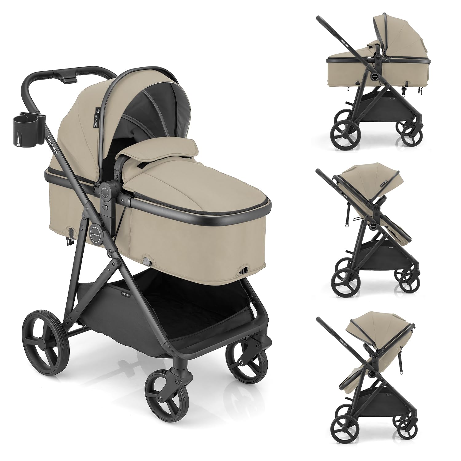 Gromast 3-in-1 Baby Stroller, Convertible Stroller for Newborn Infant Toddler with Reversible Seat, UPF 50+ Canopy & Cup Holder – Khaki