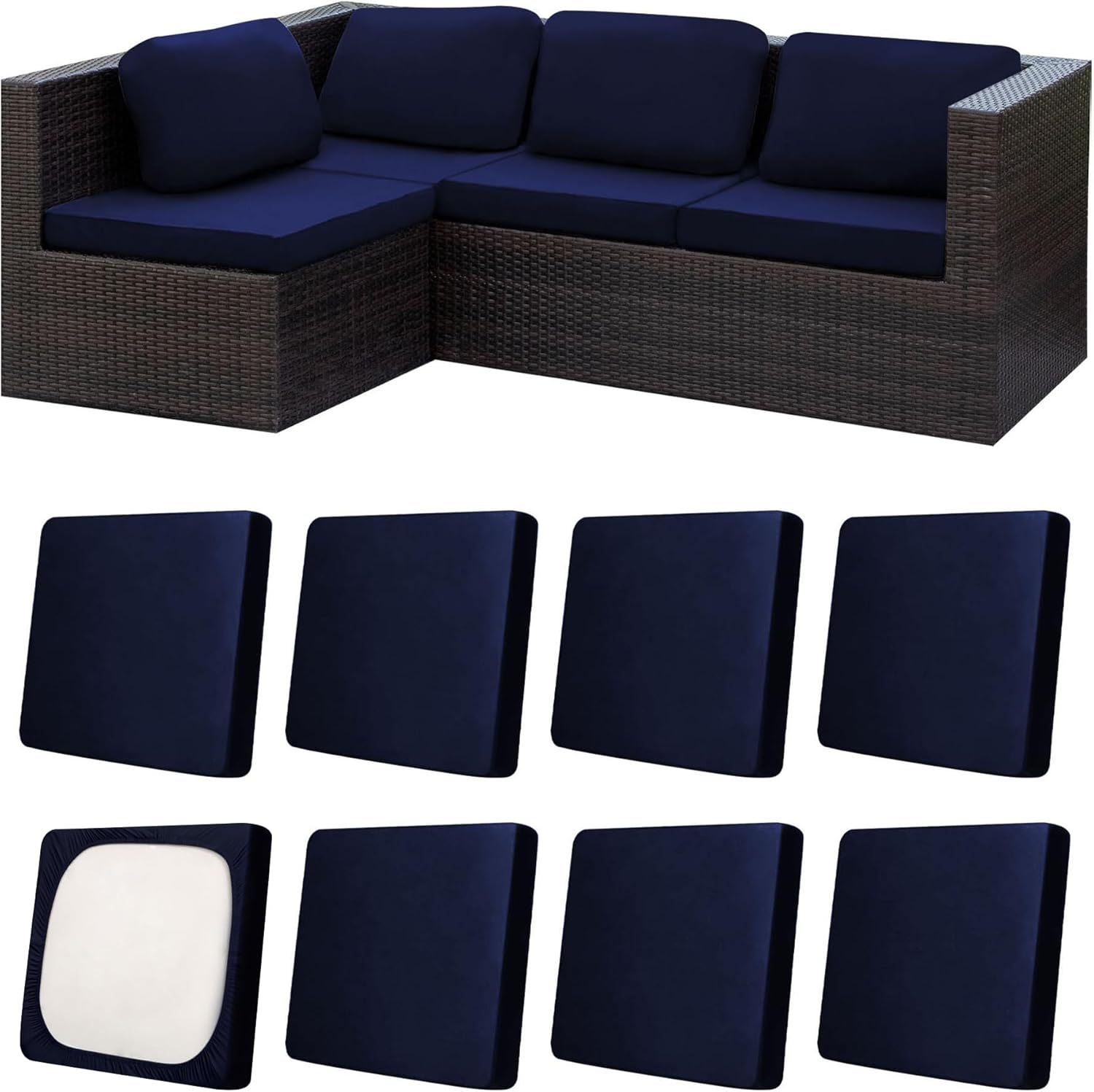 8Pcs Patio Cushion Covers,Outdoor Cushions Covers,Stretch Cushion Covers Replacement, Washable and Reusable Furniture Protectors(Navy Blue)