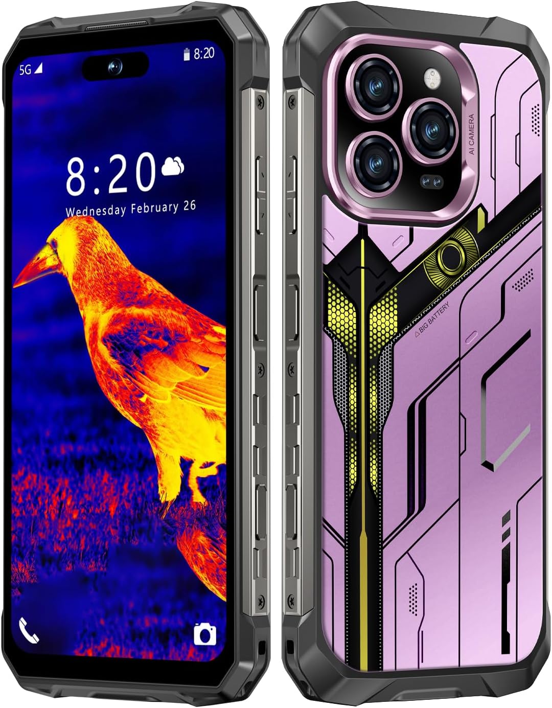 MMY 32+1TB Rugged Armor Unlocked Cell Phone,Smartphone 6.99″ HD 68+108MP Night Vision Photography Android15 22000mAh AI Unlocked Phone,Face ID/Fingerprint Unlock/Dual SIM/5G/NFC(Pink-A)