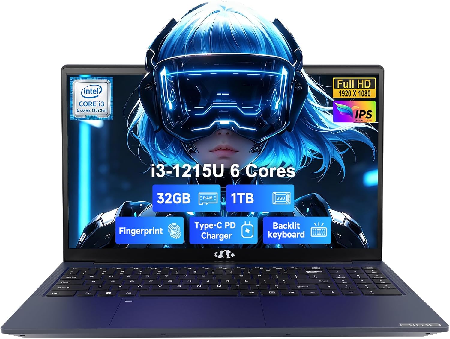NIMO 15.6” IPS FHD Laptop, 32GB RAM 1TB SSD Intel i3-1215U (Beat R5-7520U, 6 Cores Up to 4.4GHz) Student Computer with 65W Fast PD, 2 Years Warranty, Fingerprint, Backlit Keyboard, Wi-Fi 6, for Home