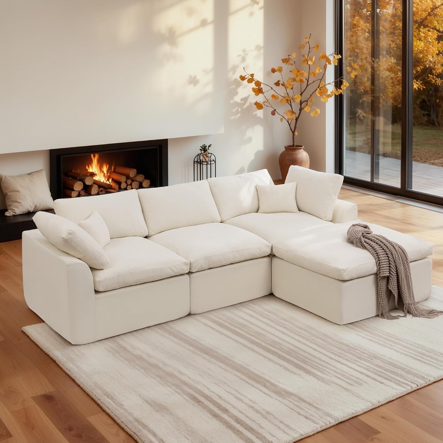 Korser 110″ Cloud Sectional Couches for Living Room, Modern Modular Sectional Sofa with Ottoman, Boneless Cloud Couch with Comfy Deep Seats, Fluffy Chenille L-Shape Sofa Couch for Living Room, Beige