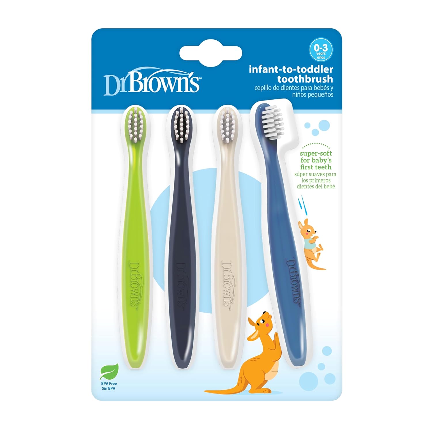 Dr. Brown’s Infant-to-Toddler Toothbrush Set, Soft & Gentle Manual Toothbrushes for Baby, Green/Dark Blue/Ecru/Blue, BPA Free, 0-3 Years – 4-Pack