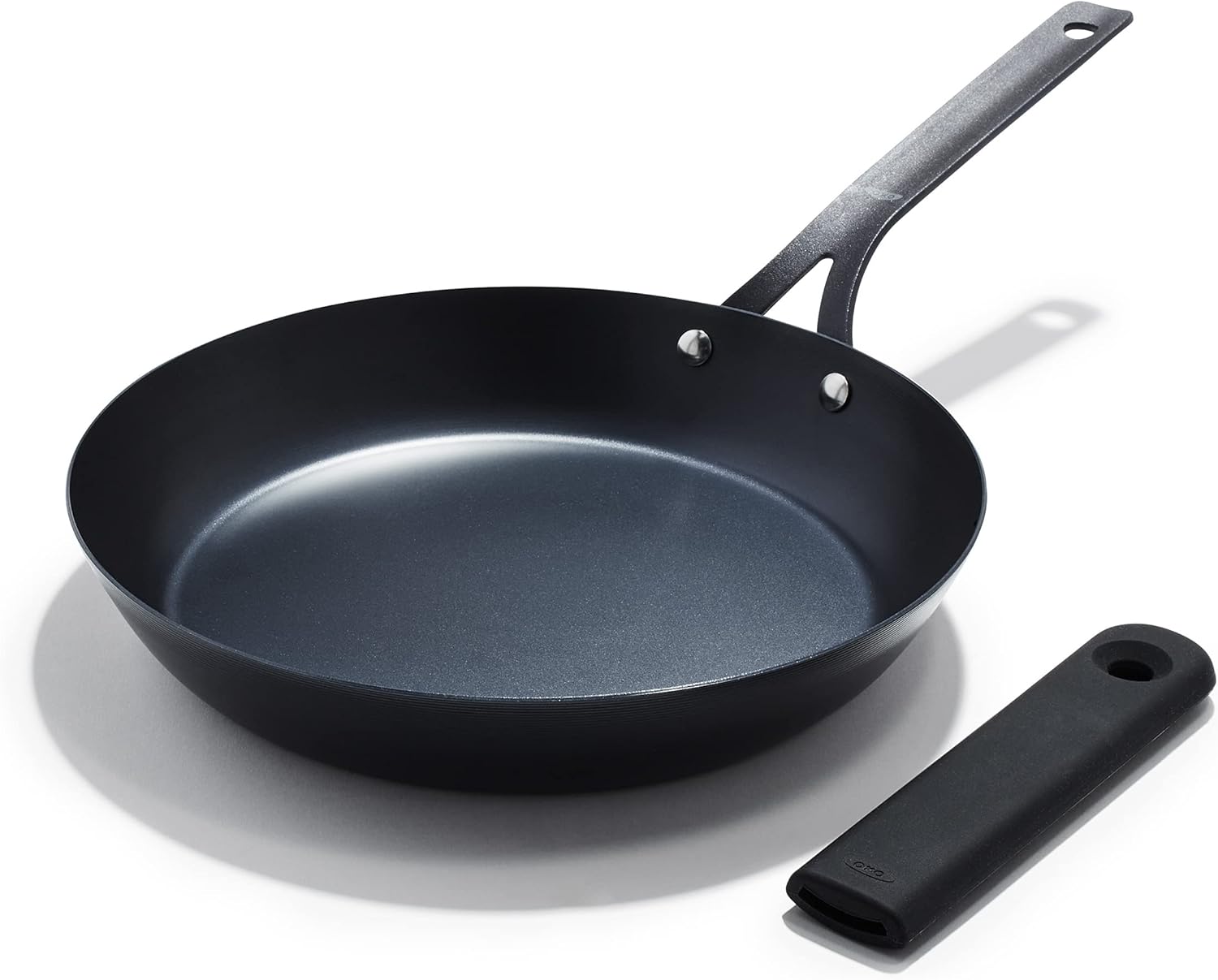 OXO Obsidian 12″ Carbon Steel Frying Pan, Pre-Seasoned Skillet, Builds Natural Nonstick with Use, Induction Ready, Oven Safe, Removable Silicone Handle