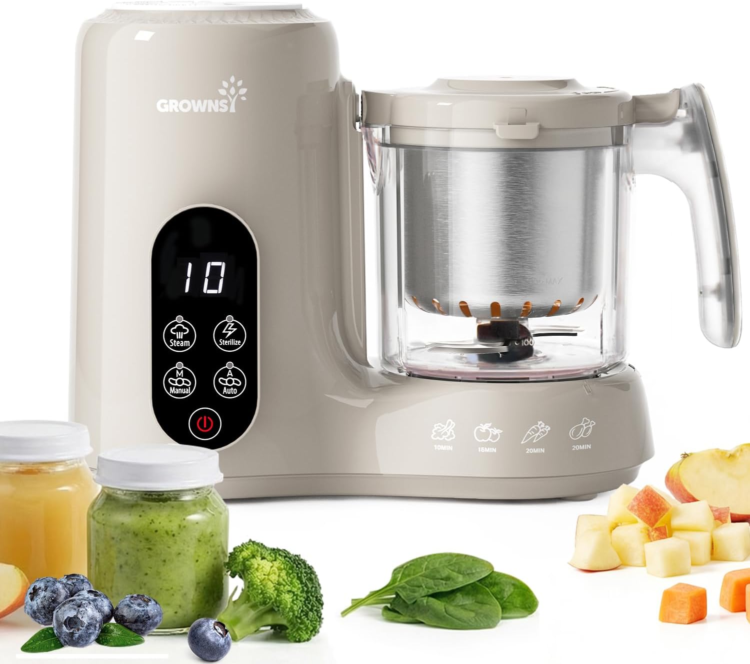 Grownsy Baby Food Maker with Stainless Steel Steam Basket – Baby Food Processor, Puree, Steamer & Blender for Homemade Baby Food, Ideal for Starting Solids, BLW & Babies 6+ Months – Creamy Taupe