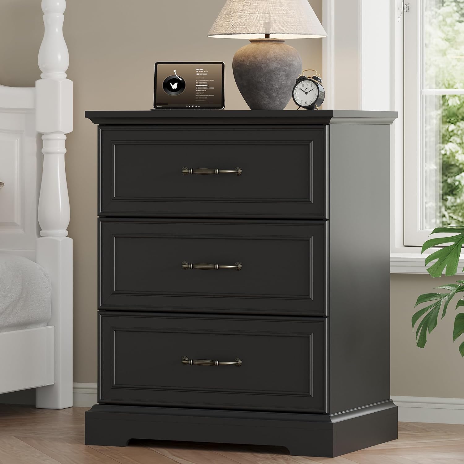 Farmhouse 3 Drawers Dresser for Bedroom, 24″ Wide Modern Chest of Drawers with Deep Drawers & Bar Handles, Rustic Wood Nightstand, Wooden Closet Storage Organizer for Living Room, Hallway, Black