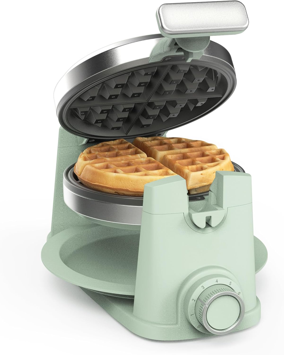 Martha Stewart Rotating Waffle Maker, 180° Flip Iron with PFAS-Free Nonstick Plates, Adjustable Timer, Ready Light, Drip Tray, Space Saving, Classic Round 7”, Easy to Clean, Stainless Steel, Honeydew