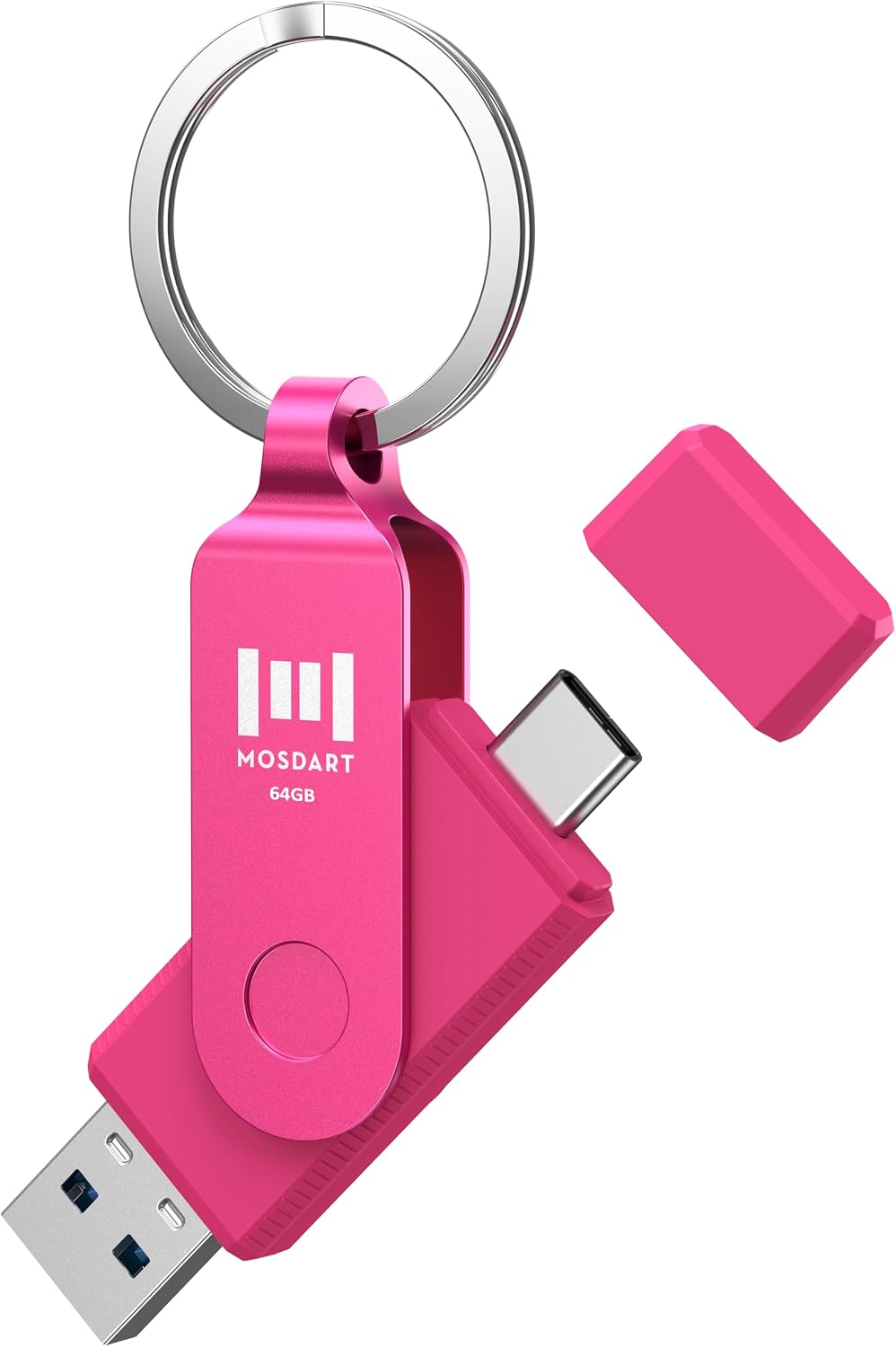 MOSDART 64GB USB C and A 3.2 150MB/s Dual Flash Drive with Keychain, Pink | Fits Android Phones, iPhone 15, 16, 17, Macbook, iPad, For Photos and Videos, USB-C Port Protection, Phone Case Friendly