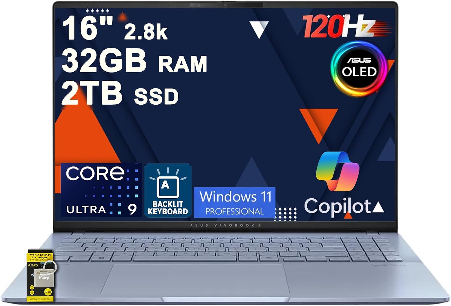 ASUS Vivobook S16 AI PC Laptop 16″ 2.8k OLED 120Hz (600nits HDR, 100% DCI-P3) Intel 16-core Ultra 9 285H 32GB DDR5 2TB SSD Backlit for Creator Business Professional Work Win11Pro ICP Hub