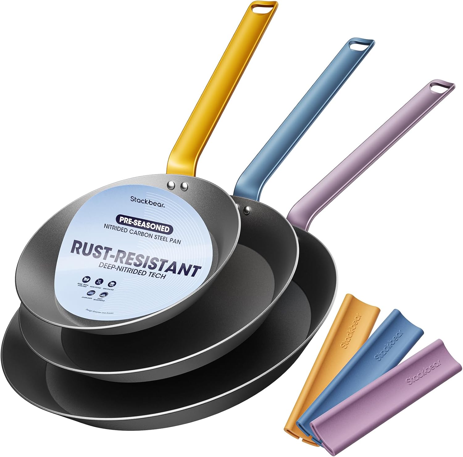 Carbon Steel Frying Pan Set 8″/10″/12″, Preseasoned Skillet Trio, Nitrided Rust Resistant Kitchen Cooking Set, Induction & Oven Safe