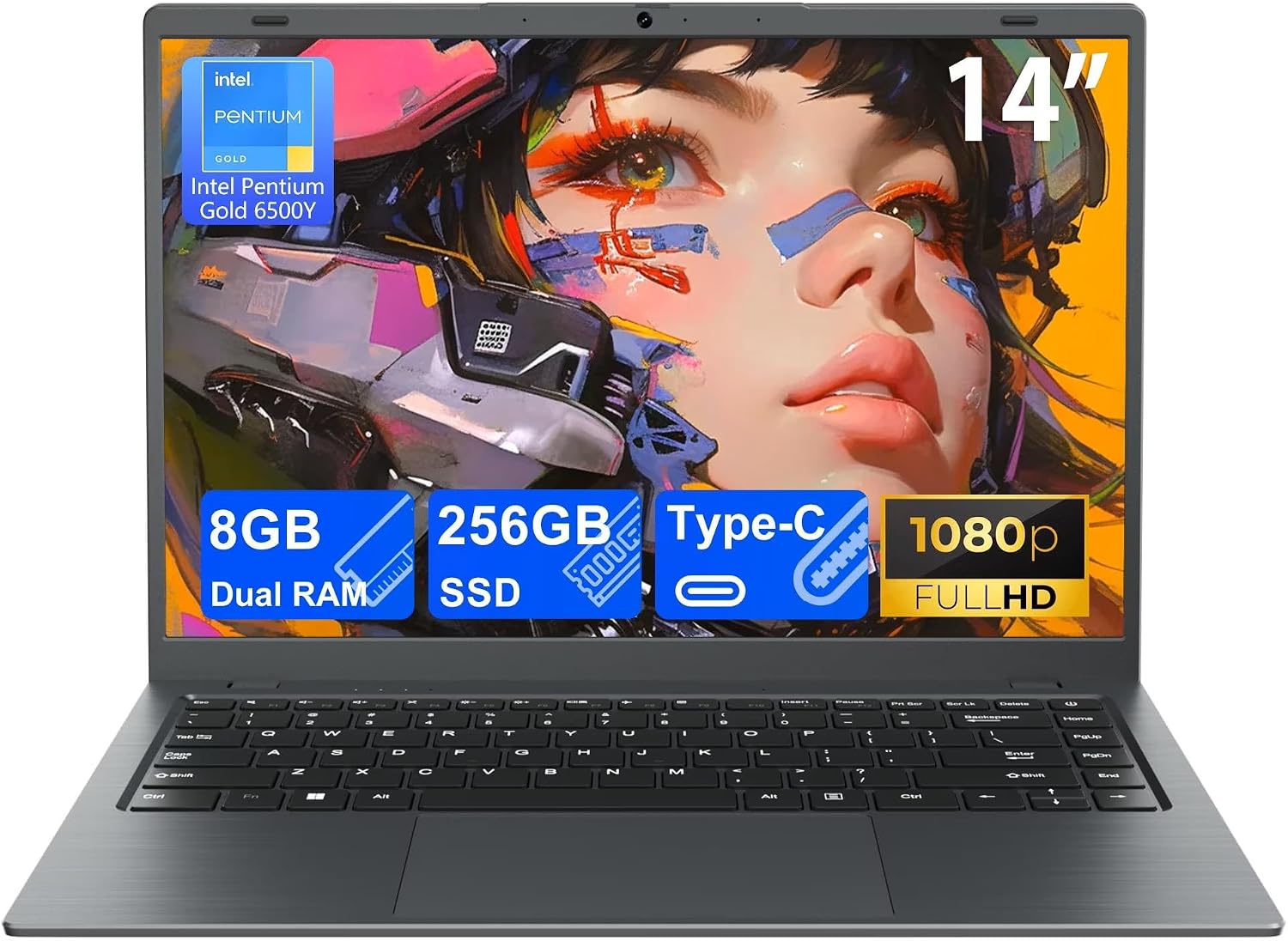 14″ Laptop Computer, 8GB RAM 256GB SSD 6500Y with 2 Cores, 1080p Display, Dual 4K Output, Type-C PD WiFi5 BT5.0, 2024 11 for Business Study, Dark Gray
