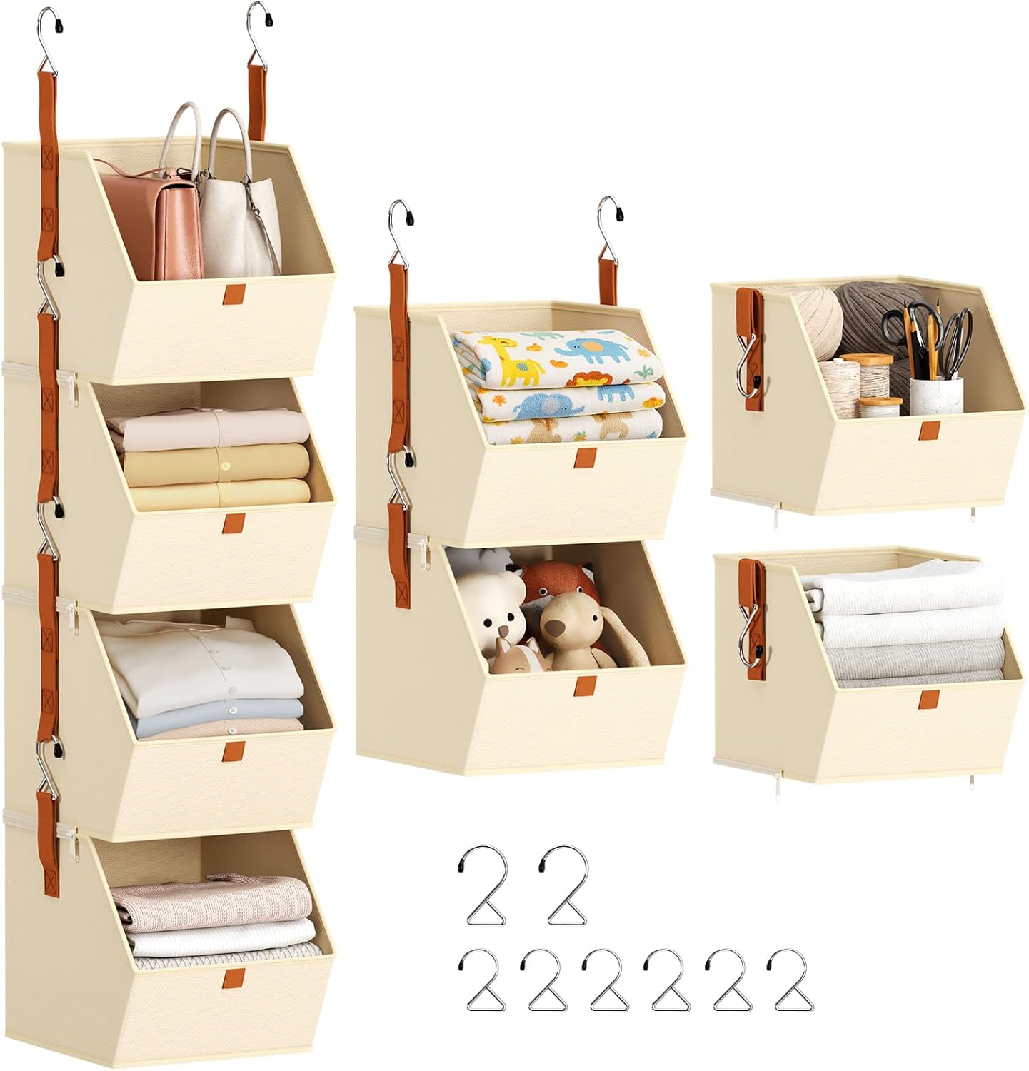 Homsorout Hanging Closet Organizer 4 Tier – Clothes Hanging Shelves, Space-Saving Closet System, Fabric Storage Bins Bedroom Organization, Collapsible Baskets for Home, Dorm, Rv, Beige