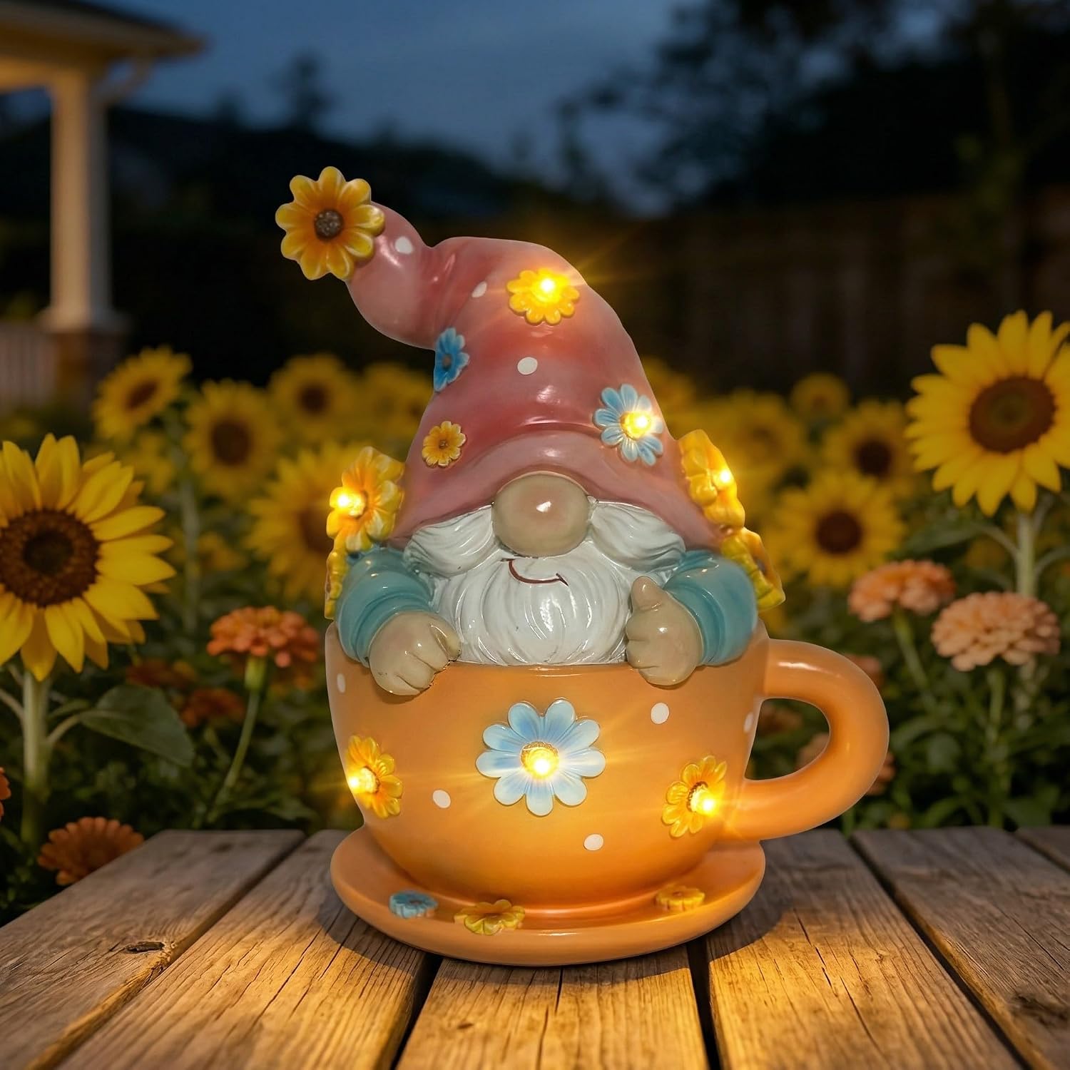 Joint Honglin Solar Garden Gnome Statue in Teacup – Outdoor Gnome Figurine with 5 Glowing LED Flowers, Waterproof Resin Yard Art Decor for Patio, Lawn, Porch, Fairy Garden Gift for Tea Lovers