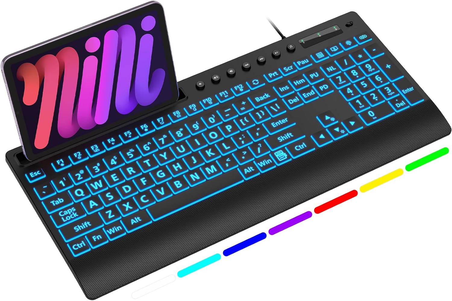 SABLUTE K31PRO Large Print Backlit Keyboard, Plug and Play USB Wired Computer Keyboard with 7 Color LED Memory, Phone Holder & Wrist Rest, Full Size Quiet Keyboard for Windows PC, Laptop, Gaming