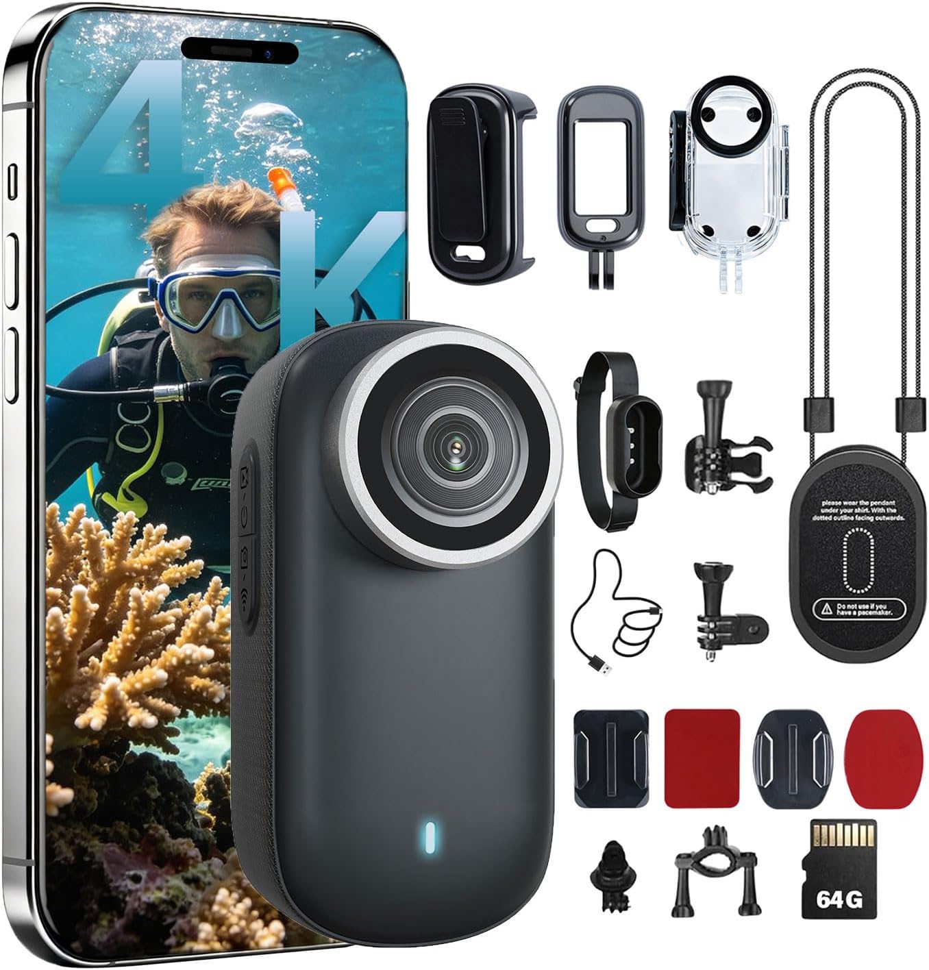 4K Mini Body Camera,64G Wearable Camera with 360°Rotatable Clip & Magnetic Clip, Thumb Size, 96 Minutes for Recording, Easy to Use for Lecture, Traveling, Pet Walking and Outdoors（Black）