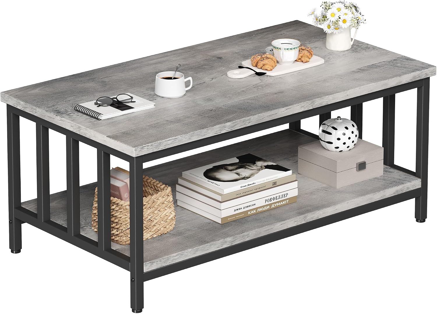 Homeiju Coffee Table for Living Room with Slatted Sides Frame, Modern Farmhouse Living Room Table with 2-Tier Storage Shelf for Home Office, Apartment, Grey Wash, 39 inch
