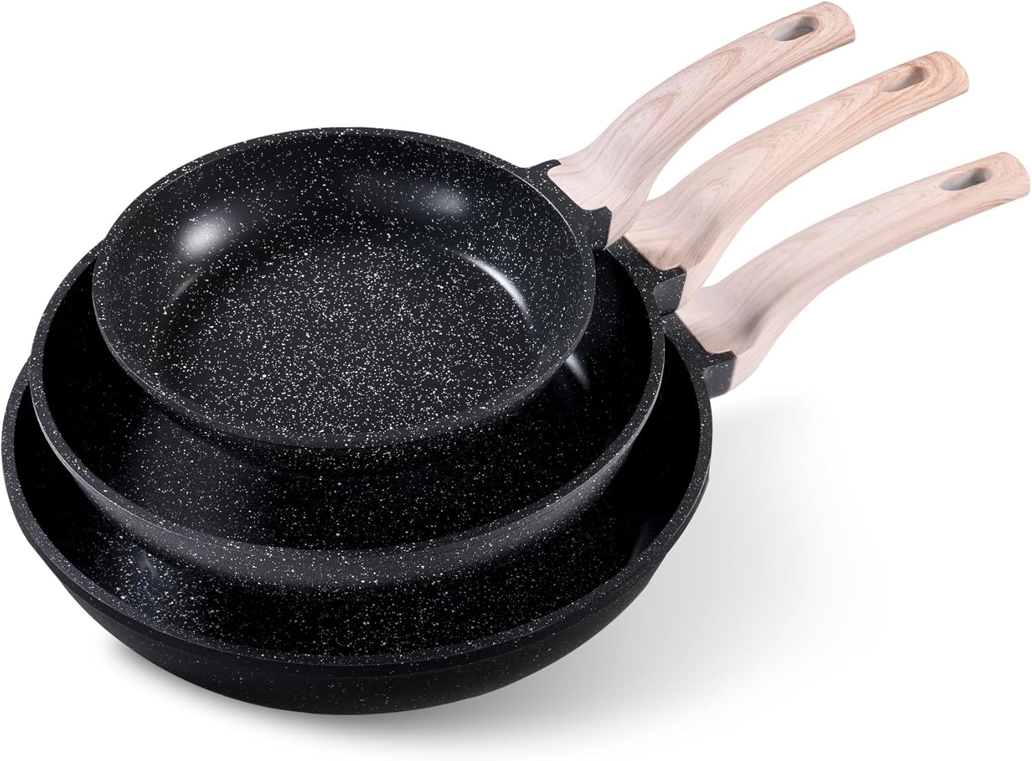 CAROTE Non Stick Frying Pan Skillet Set, Omelet Pan, Healthy Non Toxic Granite Chef Pan, Induction Compatible Egg Frying Pan with Heat-Resistant Handle, PFOA-Free,Black, 8″+10″+12″
