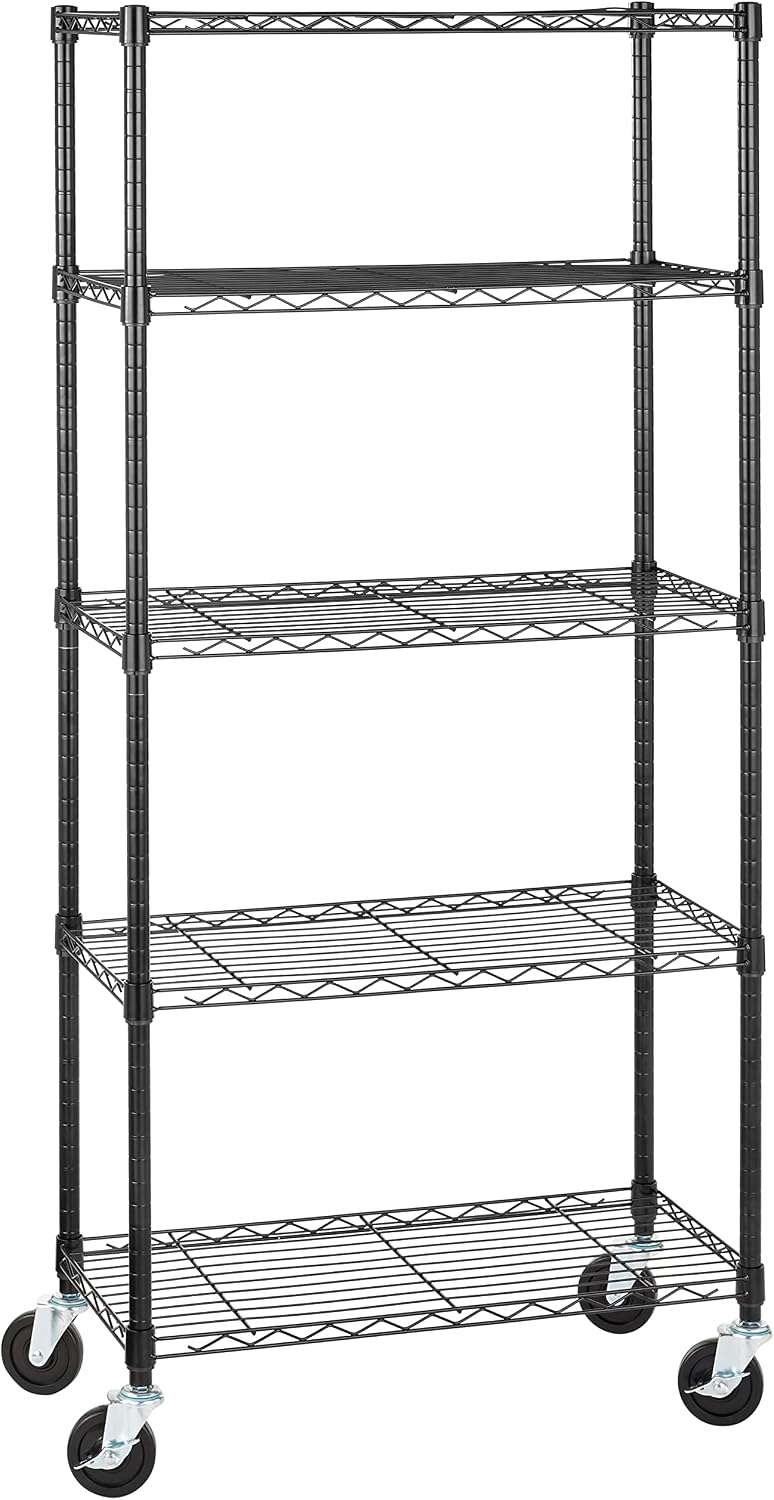 Amazon Basics 5-Shelf Heavy Duty Garage Shelving Storage Rack with 4″ Wheel Casters, Adjustable Metal Wire Organizer, 300 lbs Per Shelf, 30″ x 14″ x 64.75″, Black