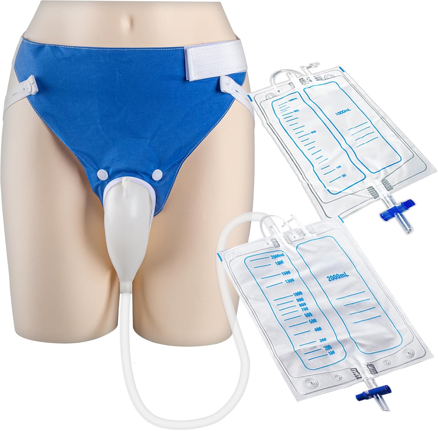 Wearable Urine Collector for Elderly Men with Silicone Pouch, Adjustable Fixing Pants, Urinary Bag 2000ml and 1000ml with 1.2m Drain Tube, Elderly Men Blue