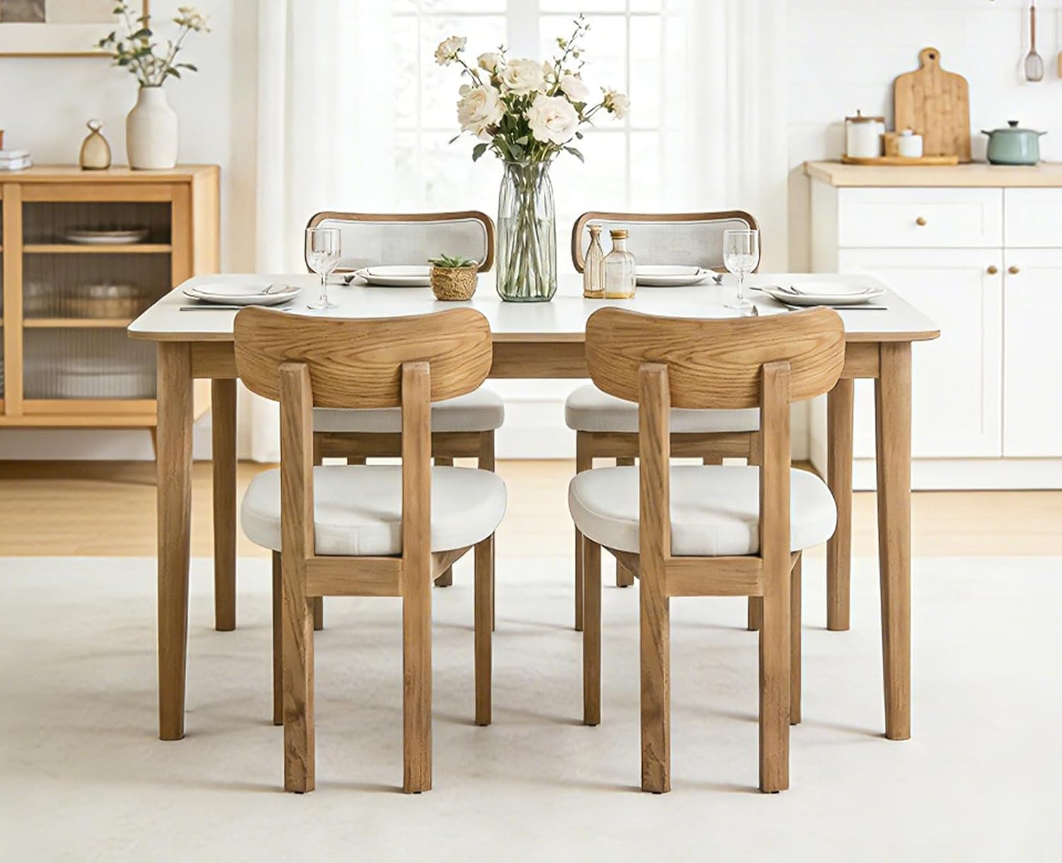 chairus Farmhouse Dining Chairs Set of 4 Upholstered Dining Room Chair with Curved Backrest Padded Back Dining Chair with Wood Legs for Dining Room Kitchen Restaurant Cafe, Linen Beige