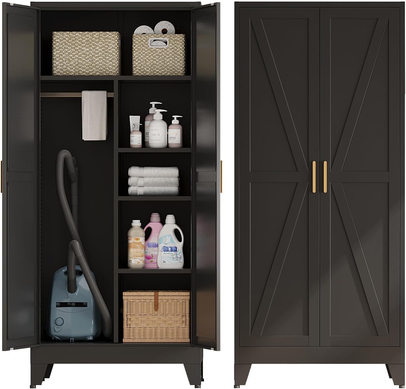 Metal Broom Closet Cabinet, Utility Storage Cabinet with 4 Shelves, Farmhouse Metal Closet with Doors, 71″ Tall Storage Cabinets with Hanging Rod and Clothing Shelf for Hallway Laundry Mudroom