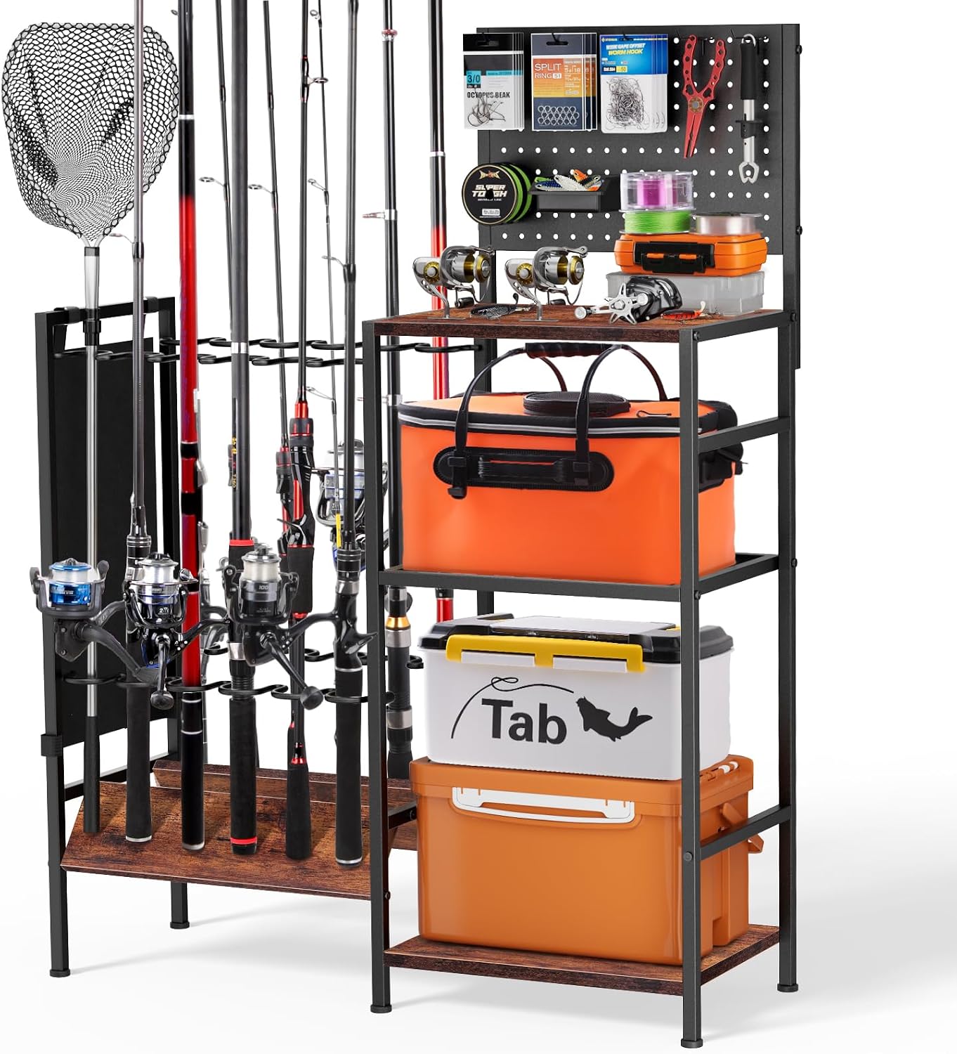 XOOL Fishing Rod Storage Rack for Garage, Holds up to 12 Rods, Heavy Duty Fishing Gear Organizer with Pegboard, 3-Tier Metal Stand with Shelves, Hooks & Accessory Storage