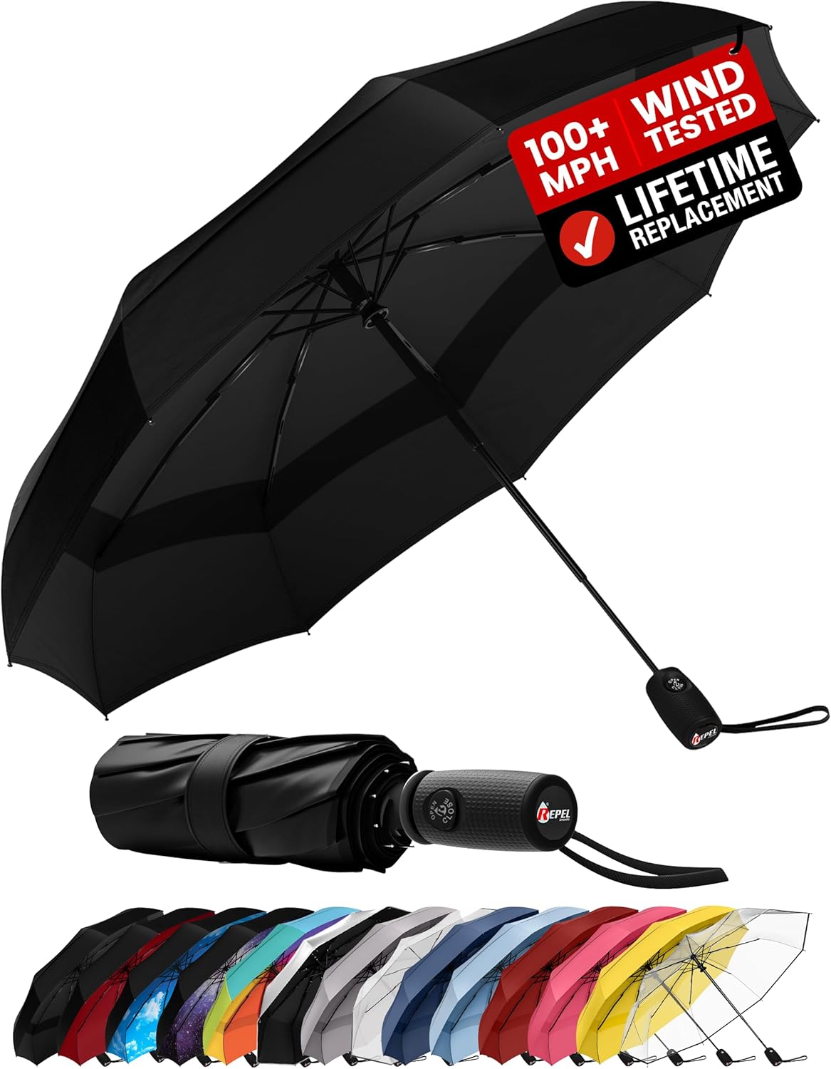 Repel Windproof Travel Umbrella – Compact & Withstands Winds up to 100MPH , Strongest Premium Auto Folding Umbrella for Rain and Sun – Durable, Light & Portable for Women & Men , Fits Backpack & Cars