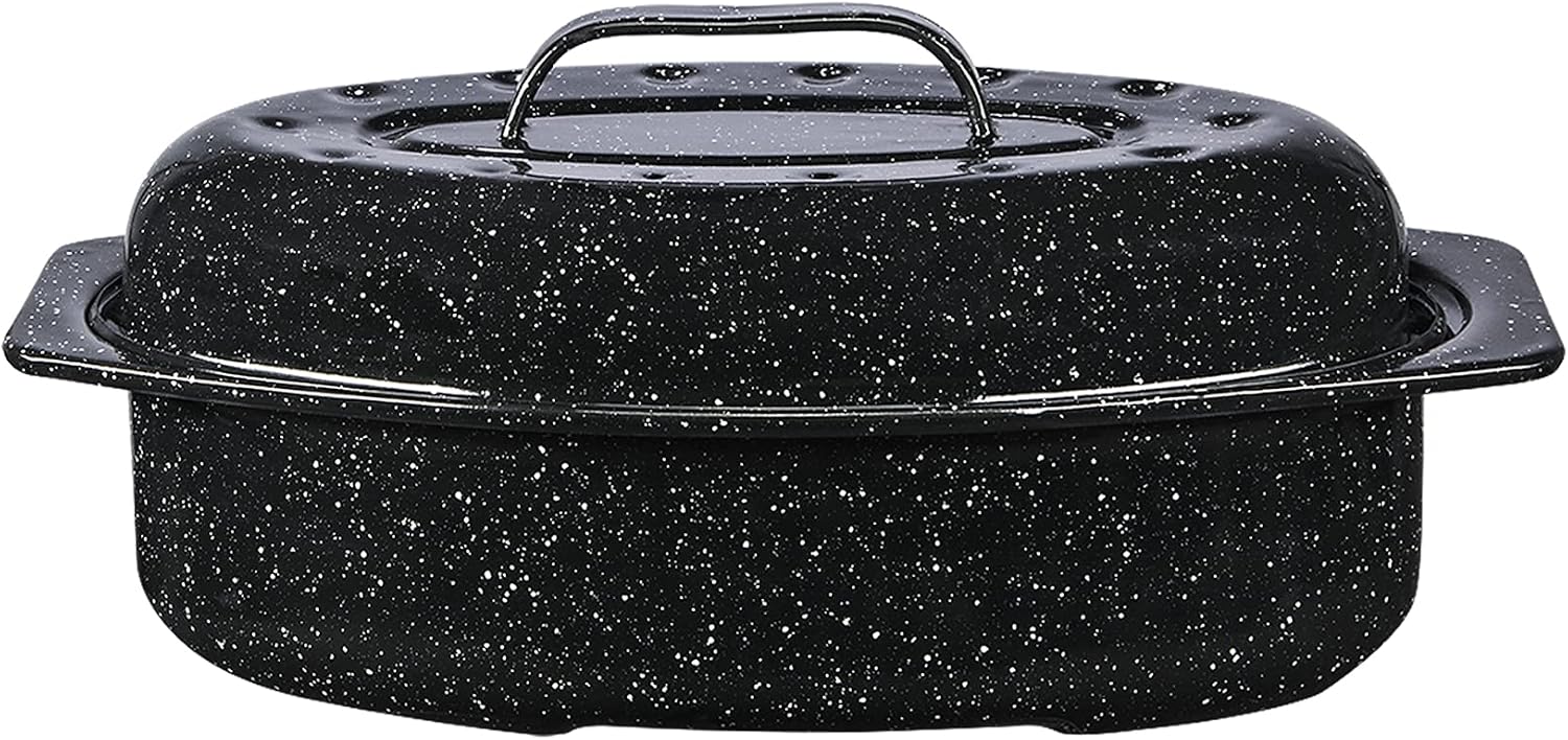 Granite Ware 13″ Oval Roaster with Lid – Enameled Steel, Oven Safe to 932°F – Ideal for Roasting, Baking & Sourdough Bread – Self-Basting Cover, Dishwasher Safe, 7 lb Capacity | Oval Roaster Capacity, Roasts Up To 7 Lb Poultry Or Meat, Covered Cooking for Larger Meals, Speckled Black Steel Construction