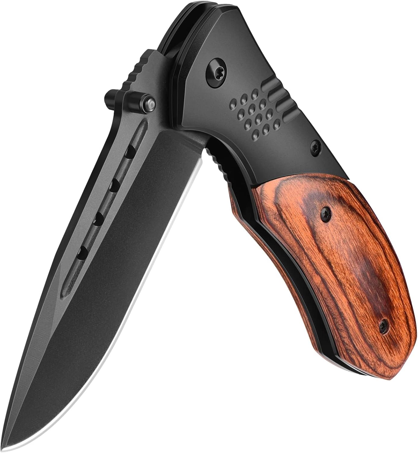 KEXMO Pocket Knife for Men – Sharp Blade Wood Handle Pocket Folding Knives with Clip, Glass Breaker – EDC Knives for Survival Camping Hunting Fishing Hiking Women, Large, Black