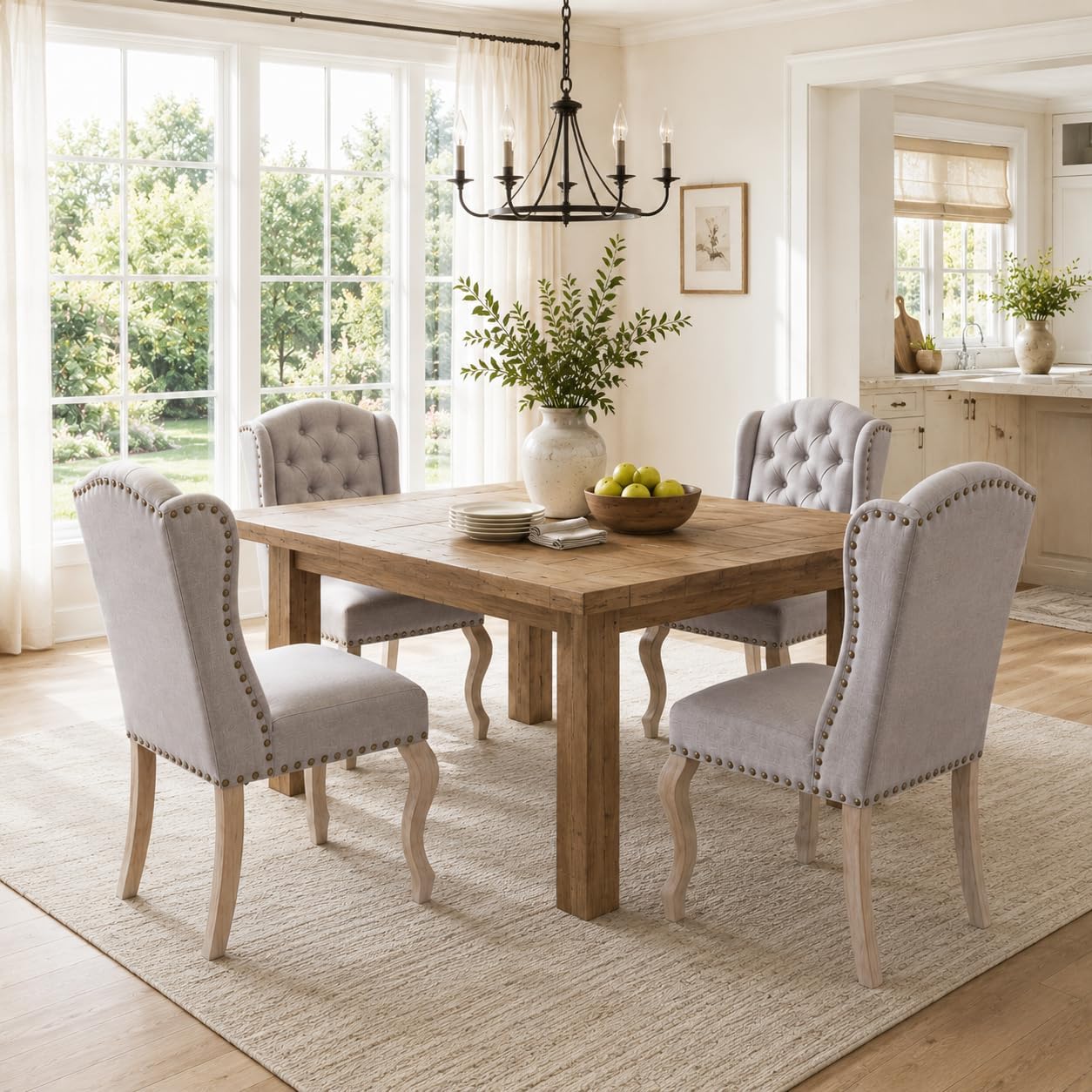 chairus Tufted Parsons Dining Chairs Set of 4, French Country Upholstered Dining Room Chairs with Nailhead Trim & Curved Wood Legs, Farmhouse High Back Side Kitchen Chairs, Grey Linen